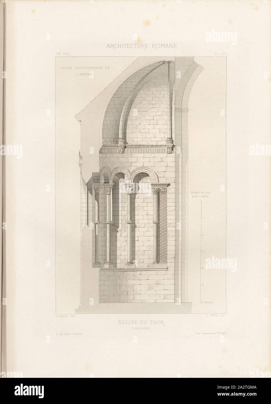 Church of Thor Vaucluse 5, Notre-Dame-du-Lac church in Le Thor, signed: H. Revoil del, J. Penel, A. Morel éditeur, Fig. 75, Pl. LXI, after p. 50, Revoil, Henry (del.); Penel, J. (sc.); Morel, A. (éditeur), Henry Revoil: Architecture romane du Midi de la France: dessinée, mesurée et décrite. Bd. 1. Paris: Vve A. Morel & Cie, Libraires-Editeurs, MDCCC LXXIII. [1873 Stock Photo