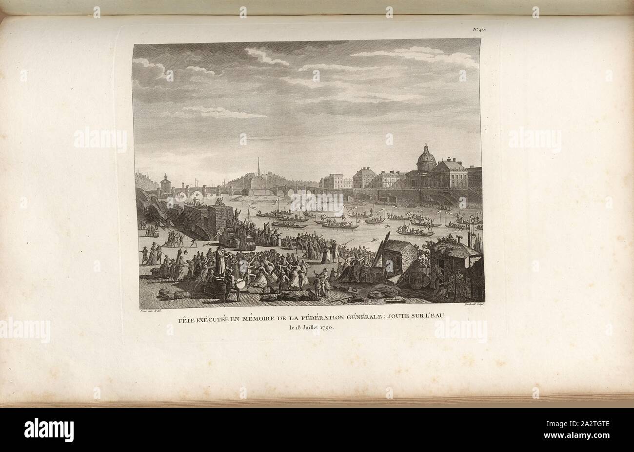 Feast performed in memory of the General Federation: Joust on the water July 18, 1790, Feast of Federation on July 18, 1790 at the Seine in Paris, signed: Prieur inv. Et del, Berthault sculp, Fig. 50, no. 40, after p. 159 (Trente-neuvième et quarantième tableaux), Prieur, Jean-Louis (inv. et del.); Berthault, Pierre-Gabriel (sc.), Collection complète des tableaux historiques de la Révolution française en trois volumes [...]. Bd. 1. A Paris: chez Auber, Editeur, et seul Propriétaire: de l'Imprimerie de Pierre Didot l'aîné, an XI de la République Francçaise M. DCCCII Stock Photo