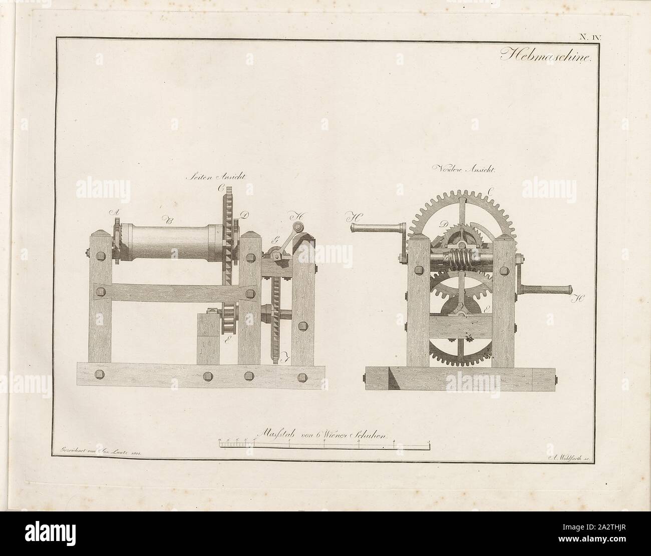 Hebmaschine, Construction of a hoist, signed: signed by Jos., Lantz, A. Wohlfarth, N. IV, Lántz, József (gez.); Wohlfarth, A. (sc.), József Lántz: Franzens Brücke zu Wienn. [S.l.]: [s.n.], [1805 Stock Photo