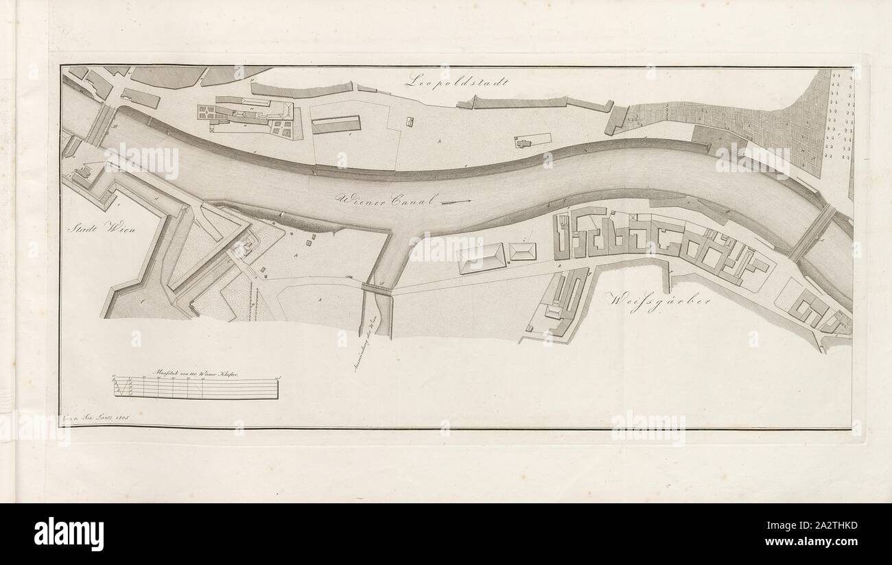 Vienna Canal at Leopoldstadt, Plan of the Danube Canal at the Weissgerbervorstadt in Vienna, signed: Gez., v, Jos, Lantz, N., XVIII, Lántz, József (gez.), József Lántz: Franzens Brücke zu Wienn. [S.l.]: [s.n.], [1805 Stock Photo