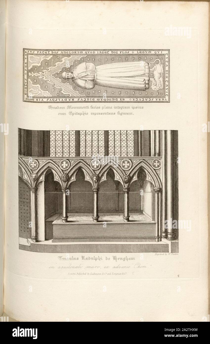 This heap of Ralph de Hangham in the wall of the north chapel, to the other side of the Choir, Grave and Bream by Sir Ralph de Hengham, signed Engraved by W. Find; Published by Lackington & Co. and Longman & Co., Pl. XXIV, after p. 68, Finden, W. (engraving); Lackington & Co (publ.); Longman & Co. (publ.), William Dugdale, Henry Ellis: The history of Saint Paul's Cathedral in London, from its foundation: extracted out of original charters, records, leiger-books, and other manuscripts. London: printed for Lackington, Hughes, Harding, Mavor, and Jones; and Longman, Hurst, Rees, Orme, and Brown Stock Photo