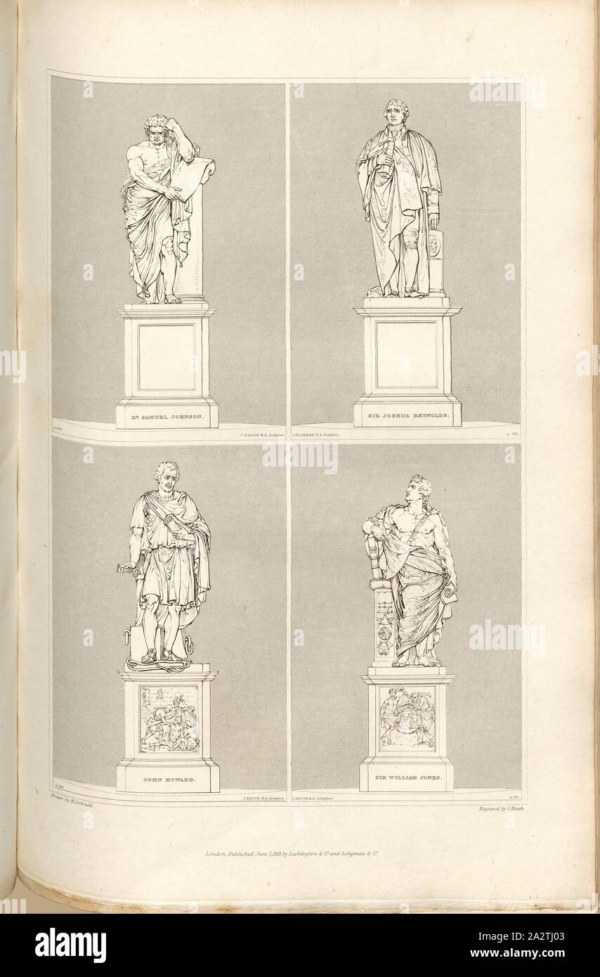 Statues of Dr. Samuel Johnson, Sir Joshua Reynolds, Mr. Howard, and Sir William Jones, Statues from St. Paul's Cathedral in London, signed: Drawn by H. Corbould; Engraved by C. Heath; Published by Lackington & Co. and Longman & Co., Pl. LI, p. 200, Corbould, H. (drawing); Heath, C. (engraving); Lackington & Co. (publ.); Longman & Co. (publ.), William Dugdale, Henry Ellis: The history of Saint Paul's Cathedral in London, from its foundation: extracted out of original charters, records, leiger-books, and other manuscripts. London: printed for Lackington, Hughes, Harding, Mavor, and Jones; and Stock Photo