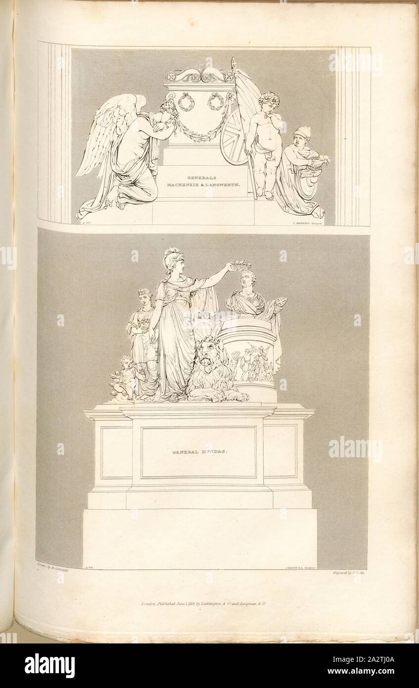 Maj. Gen. Dundas, and Generals Mackenzie and Langwerth, Monuments to Major General Thomas Dundas and Generals John Randoll Mackenzie and Ernest Eberhard Kuno of Langwerth, signed: Drawn by H. Corbould; Engraved by C. Heath; Published by Lackington & Co. and Longman & Co., Pl. LVII, at p. 206, Corbould, H. (drawing); Heath, C. (engraving); Lackington & Co. (publ.); Longman & Co. (publ.), William Dugdale, Henry Ellis: The history of Saint Paul's Cathedral in London, from its foundation: extracted out of original charters, records, leiger-books, and other manuscripts. London: printed for Stock Photo