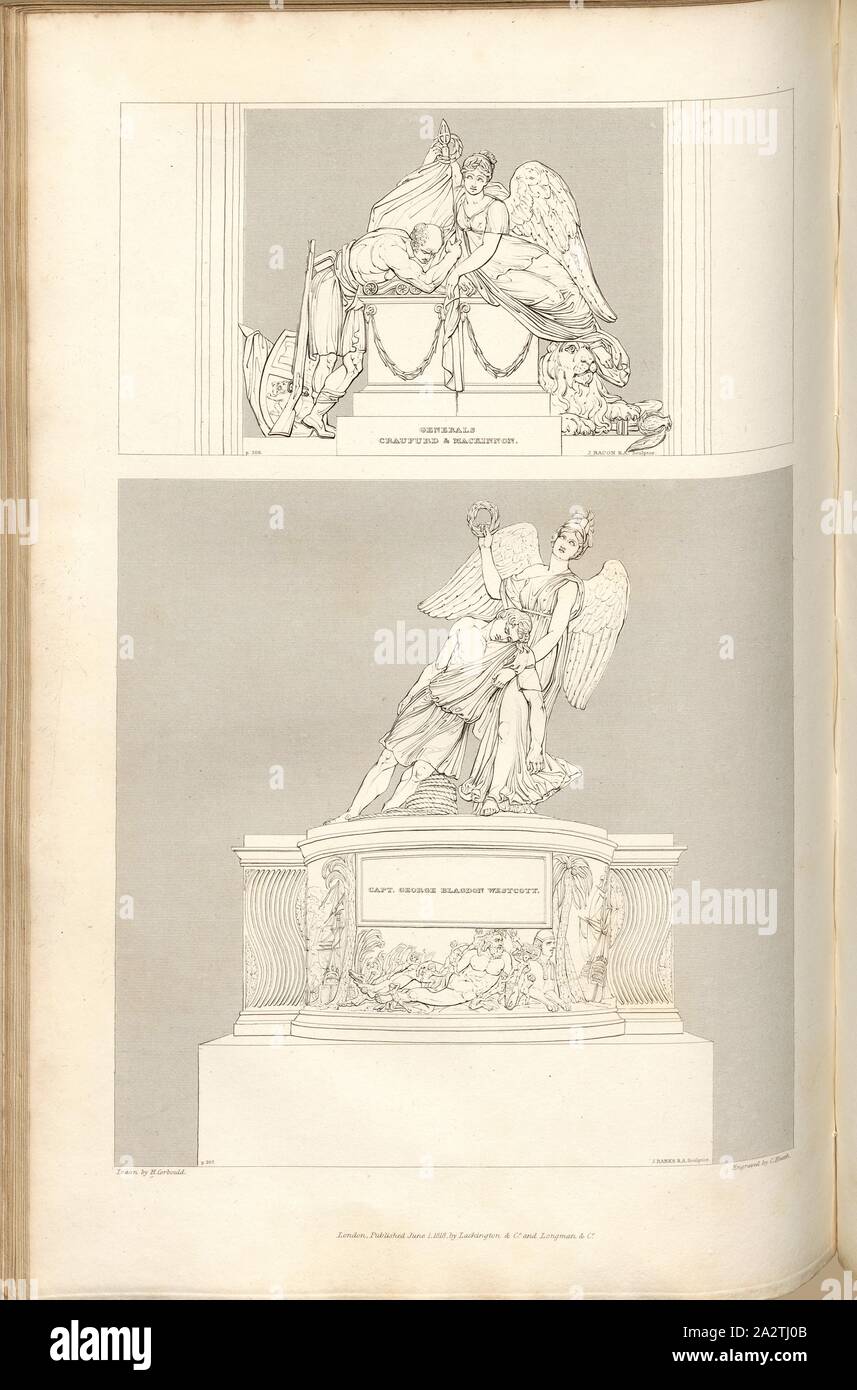 Capt. G. Blagdon Westcott, and Generals Craufurd and Mackinnon, Monuments to George Blagdon Westcott and Generals Robert Craufurd and Henry Mackinnon, signed: Drawn by H. Corbould; Engraved by C. Heath; Published by Lackington & Co. and Longman & Co., Pl. LVIII, at p. 206, Corbould, H. (drawing); Heath, C. (engraving); Lackington & Co. (publ.); Longman & Co. (publ.), William Dugdale, Henry Ellis: The history of Saint Paul's Cathedral in London, from its foundation: extracted out of original charters, records, leiger-books, and other manuscripts. London: printed for Lackington, Hughes, Harding Stock Photo
