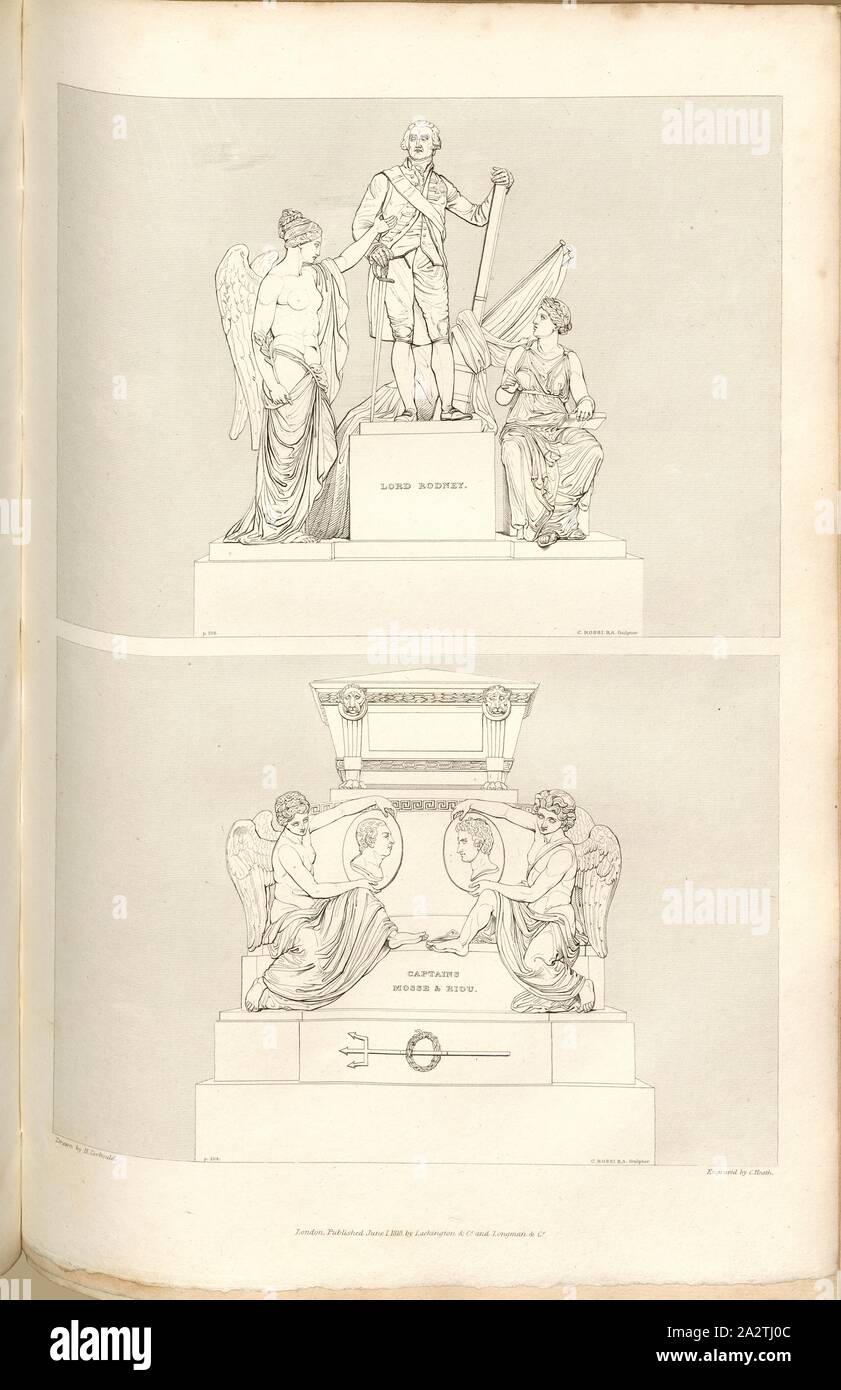 Lord Rodney, and Captains Mosse and Riou, Monuments to Captain James Robert Mosse, Captain Edward Riou and Lord Rodney, signed: Drawn by H. Corbould; Engraved by C. Heath; Published by Lackington & Co. and Longman & Co., Pl. LIX, at p. 208, Corbould, H. (drawing); Heath, C. (engraving); Lackington & Co. (publ.); Longman & Co. (publ.), William Dugdale, Henry Ellis: The history of Saint Paul's Cathedral in London, from its foundation: extracted out of original charters, records, leiger-books, and other manuscripts. London: printed for Lackington, Hughes, Harding, Mavor, and Jones; and Longman Stock Photo