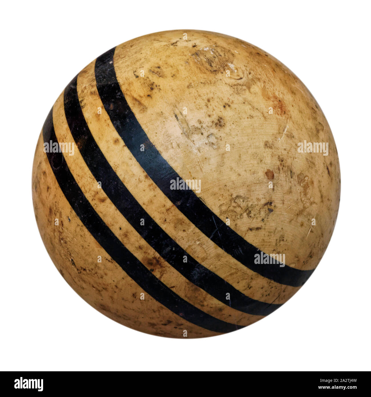 Isolated objects old wooden croquet ball, shabby and stained, on white
