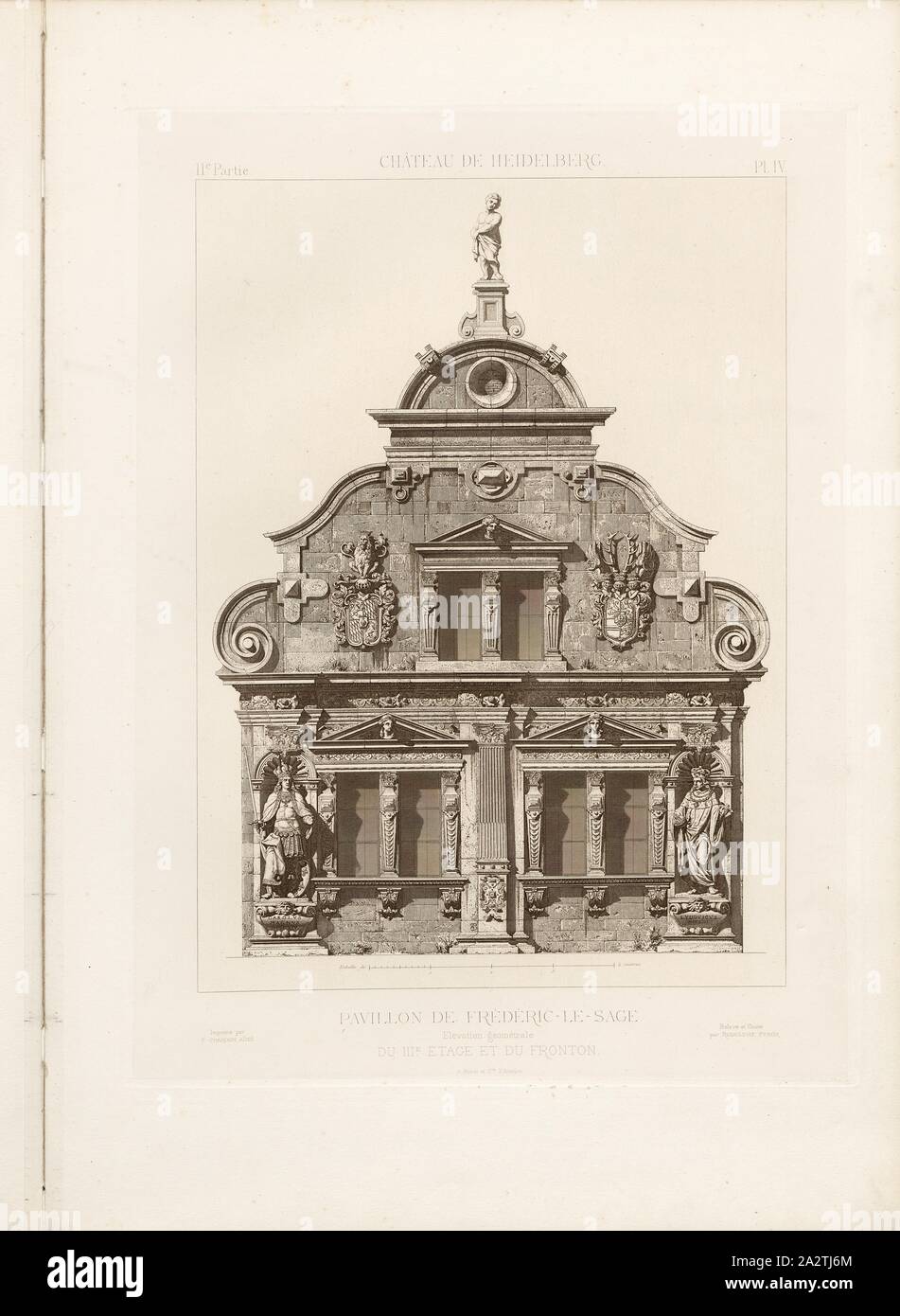 Heidelberg Castle, Frederick the Wise Pavilion, geometric elevation of the III. floor and pediment, elevation of the gable and 3rd floor of the Friedrichsbau of Heidelberg Castle, signed: Relevé et Gravé par Rodolphe Pfnor; Chardon, F. aîné (imprimé), Fig. 18, II. Lot, Pl. IV, after p. 16, Pfnor, Rodolphe (relevé et gravé); Chardon, F. aîné (imprimé), Rodolphe Pfnor, Daniel Ramée: Monographie du Château de Heidelberg. Paris: A. Morel et Cie, Editeurs, 1859 Stock Photo