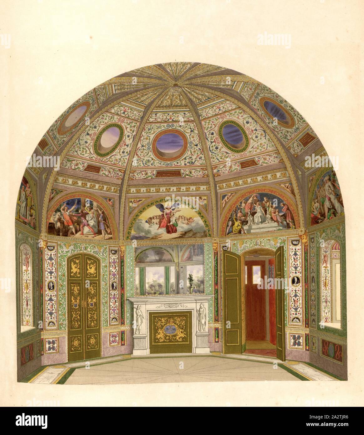 Perspective view of the octagon or Milton Room, Decorative Painting in the Octagon Room of the Summer House in the Garden of Buckingham Palace, Date Appreciated, Taf. 3, p. 11, Ludwig Gruner; Anna Jameson: The decorations of the garden-pavilion in the grounds of Buckingham Palace. London: publ. by John Murray; Longman & Co.; P. & D. Colnaghi; F. G. Moon; and L. Gruner, MDCCCXLVI Stock Photo