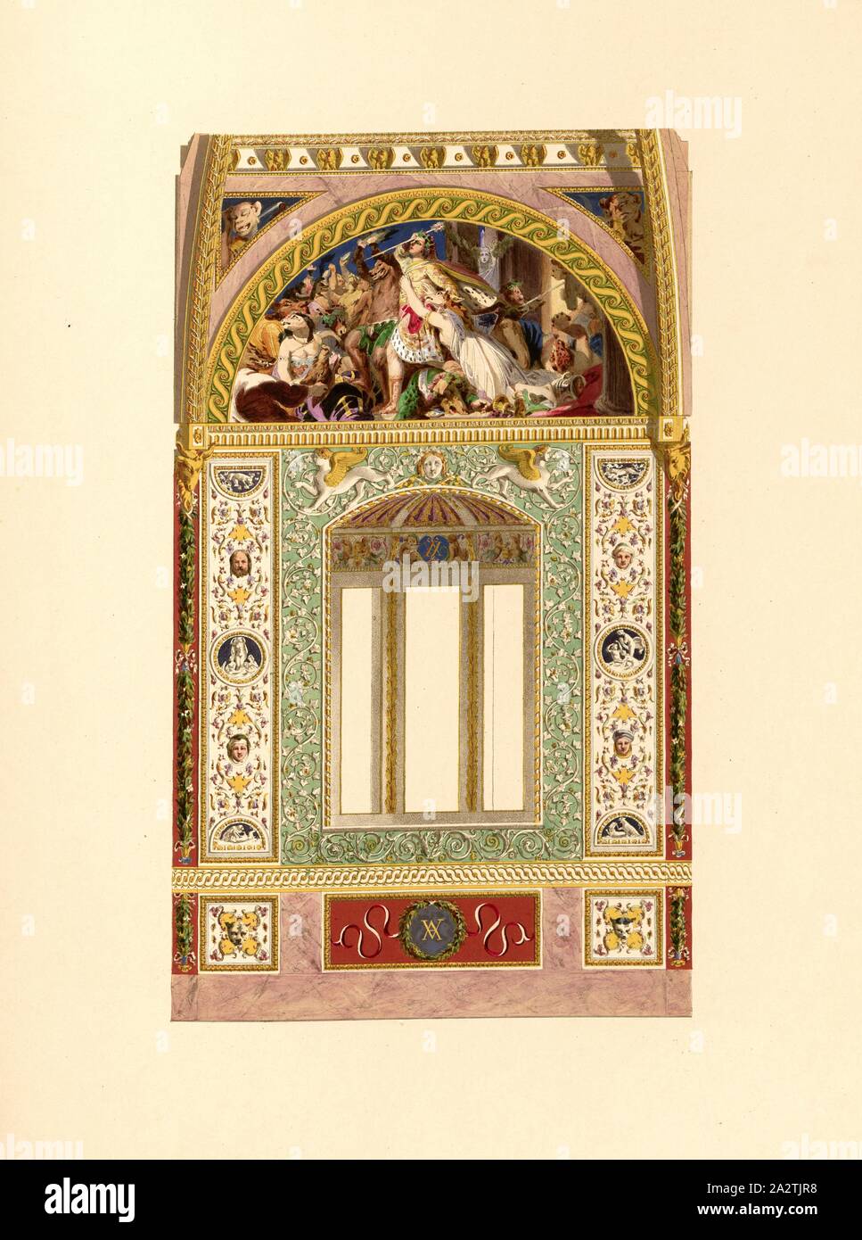 One of the sides of the octagon, e-f of the plan, Decorative Painting in the Octagon Room of the Summer House in the Garden of Buckingham Palace, Date Appreciated, Taf. 4, according to p. 11, Ludwig Gruner; Anna Jameson: The decorations of the garden-pavilion in the grounds of Buckingham Palace. London: publ. by John Murray; Longman & Co.; P. & D. Colnaghi; F. G. Moon; and L. Gruner, MDCCCXLVI Stock Photo