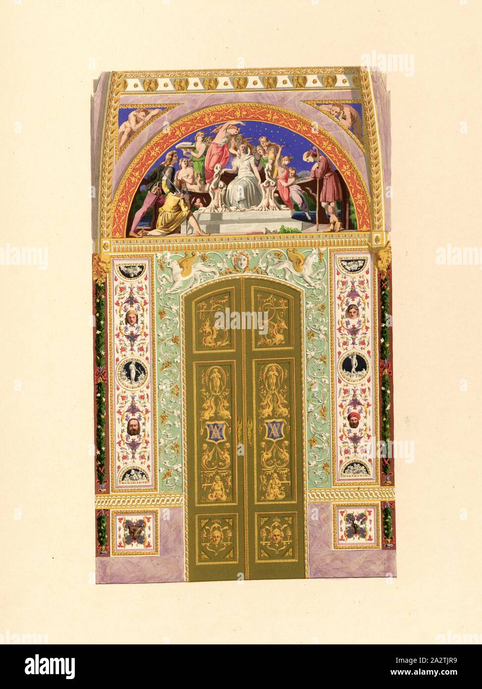 One of the sides of the octagon, f-g of the plan, Decorative Painting in the Octagon Room of the Summer House in the Garden of Buckingham Palace, Date Appreciated, Taf. 5, according to p. 11, Ludwig Gruner; Anna Jameson: The decorations of the garden-pavilion in the grounds of Buckingham Palace. London: publ. by John Murray; Longman & Co.; P. & D. Colnaghi; F. G. Moon; and L. Gruner, MDCCCXLVI Stock Photo