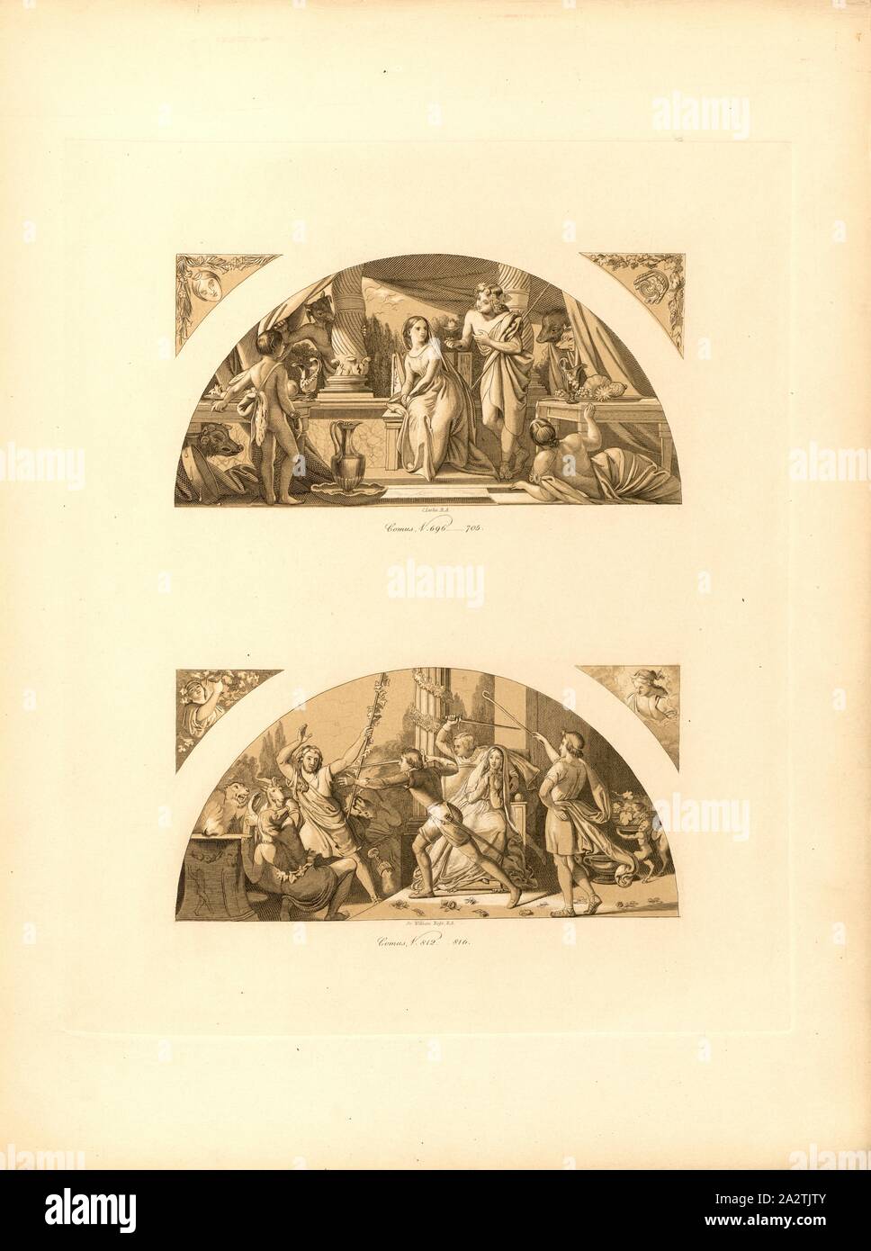 Comus, V. 696-705, Comus, V. 812-816, Wall Paintings with scenes from the poem 'Masque of Comus' by John Milton (Pavilion, Buckingham Palace Gardens), signed: C. Leslie, R.A, Sir William Ross, R.A., Taf. 8, p. 11, Leslie, Charles; Ross, William, Ludwig Gruner; Anna Jameson: The decorations of the garden-pavilion in the grounds of Buckingham Palace. London: publ. by John Murray; Longman & Co.; P. & D. Colnaghi; F. G. Moon; and L. Gruner, MDCCCXLVI Stock Photo
