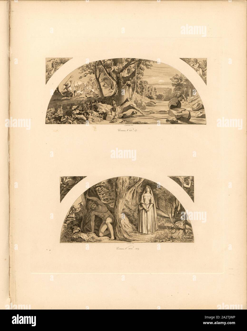 Comus, V. 12-17, Comus, 200-219, Murals with scenes from the poem 'Masque of Comus' by John Milton (Pavilion, Buckingham Palace Gardens), signed: C. Stanfield, RA; T. Uwins, RA, Taf. 11, p. 11, Stanfield, Clarkson; Uwins, Thomas, Ludwig Gruner; Anna Jameson: The decorations of the garden-pavilion in the grounds of Buckingham Palace. London: publ. by John Murray; Longman & Co.; P. & D. Colnaghi; F. G. Moon; and L. Gruner, MDCCCXLVI Stock Photo