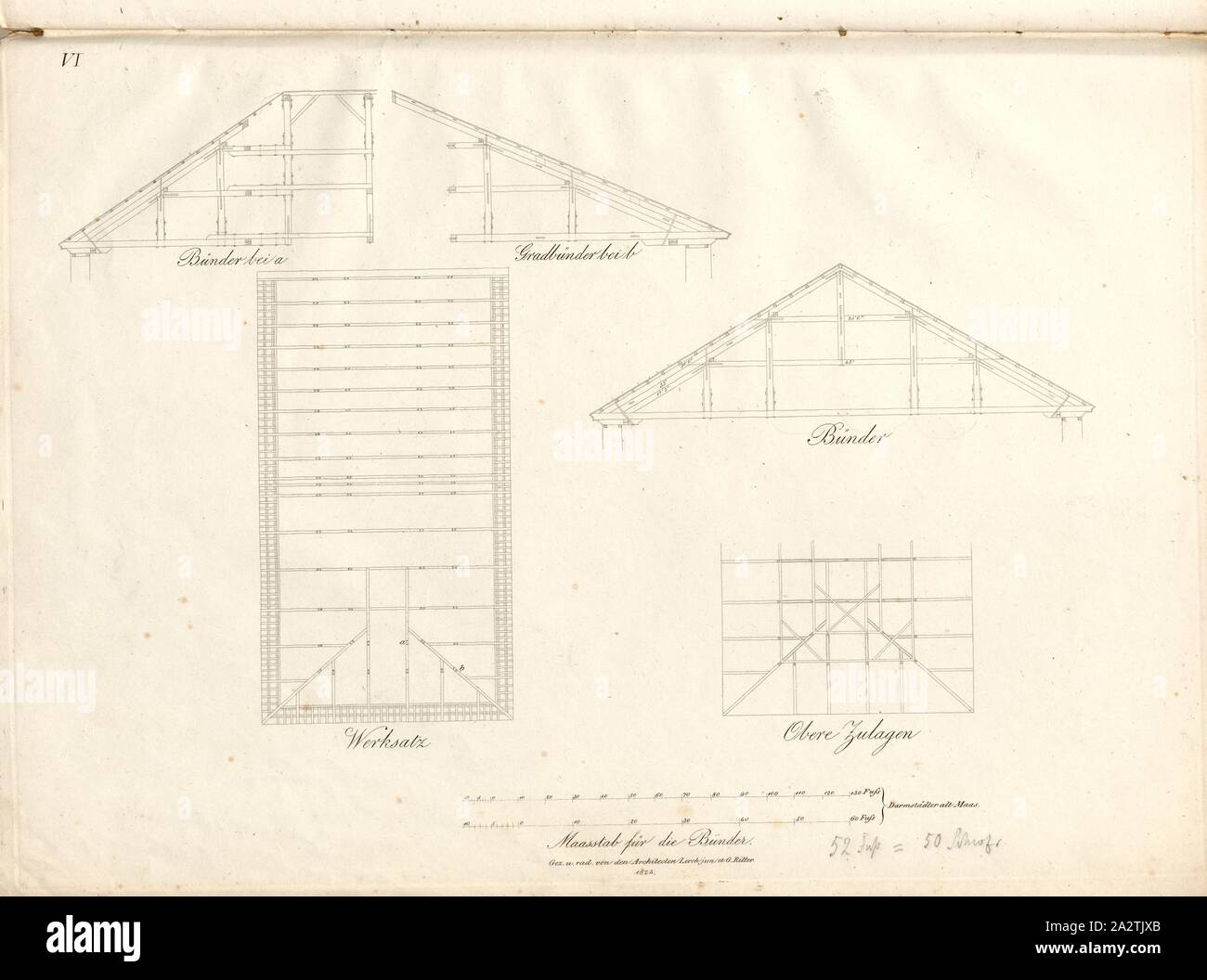 Bünder, Roof construction of the Hoftheater in Darmstadt, Signed: Gez., and rad., by the architects Lerch junior et G. Ritter, Blatt VI, Lerch Jun. (gez. u. rad.); Ritter, G. (gez. u. rad.), Philipp Lerch; Georg Ritter: Das Grossherzogliche Hof-Opern-Theater: Grund- und Aufrisse der merkwürdigsten Gebäude der Residenz Darmstadt für Liebhaber der Bauwissenschaften besonders für Architekten und Bauhandwerker: erstes Heft. Darmstadt: bey I. W. Heyer, 1824 Stock Photo