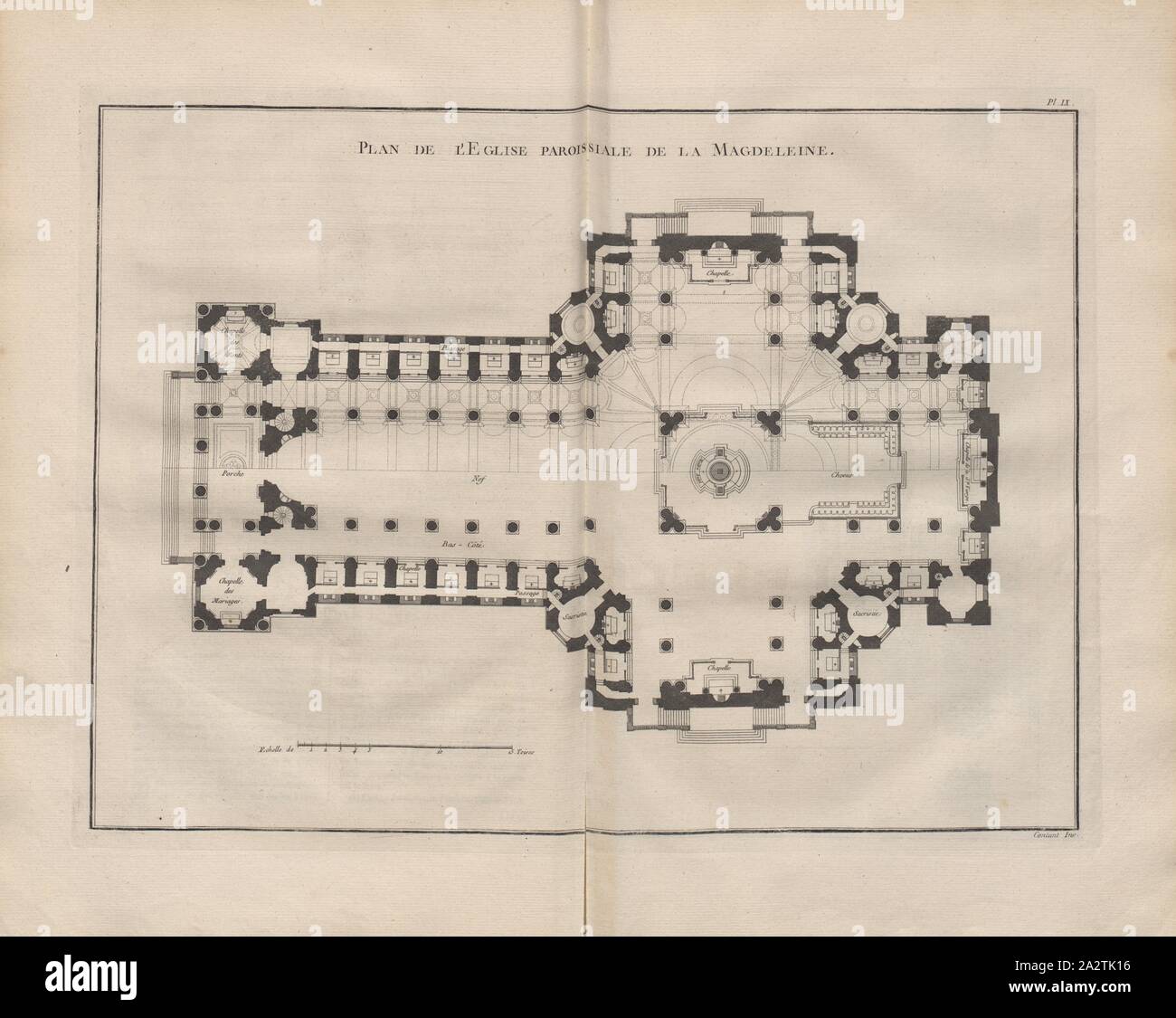 Map of The Parish Church of La Magdeleine, Illustration of the plan of the church La Madeleine from the 18th century, signed: Contant Inv, Pl. IX, after p. 128, Contant (inv.), 1765, Pierre Patte: Monumens érigés en France à la gloire de Louis XV. Paris: chez l'auteur: chez Desaint: chez Saillant, 1765 Stock Photo