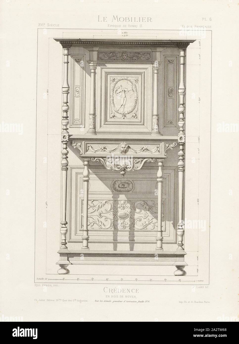 Walnut credenza, Walnut sideboard from the 16th century (Henri II style), Signed: Rod., Pfnor del, P. Lamy, Ch. Juliot Editeur; Ch. Et A. Chardon, Pl. 6, p. 8, Pfnor, Rodolphe (del.); Lamy, P. (sc.); Juliot, Ch. (ed.); Chardon, Ch. et A. (imp.), Rodolphe Pfnor: Le mobilier de la couronne et des grandes collections publiques et particulières du XIIIe siècle au XIXe siècle: mobilier civil. Mobilier religieux. Meubles, tentures, tapisseries, bronzes et objets d'art de toutes les époques accompagnés de dessins, grandeur d'exécution. Paris: Ch. Juliot, Editeur: Librairie Générale de L'Architecture Stock Photo