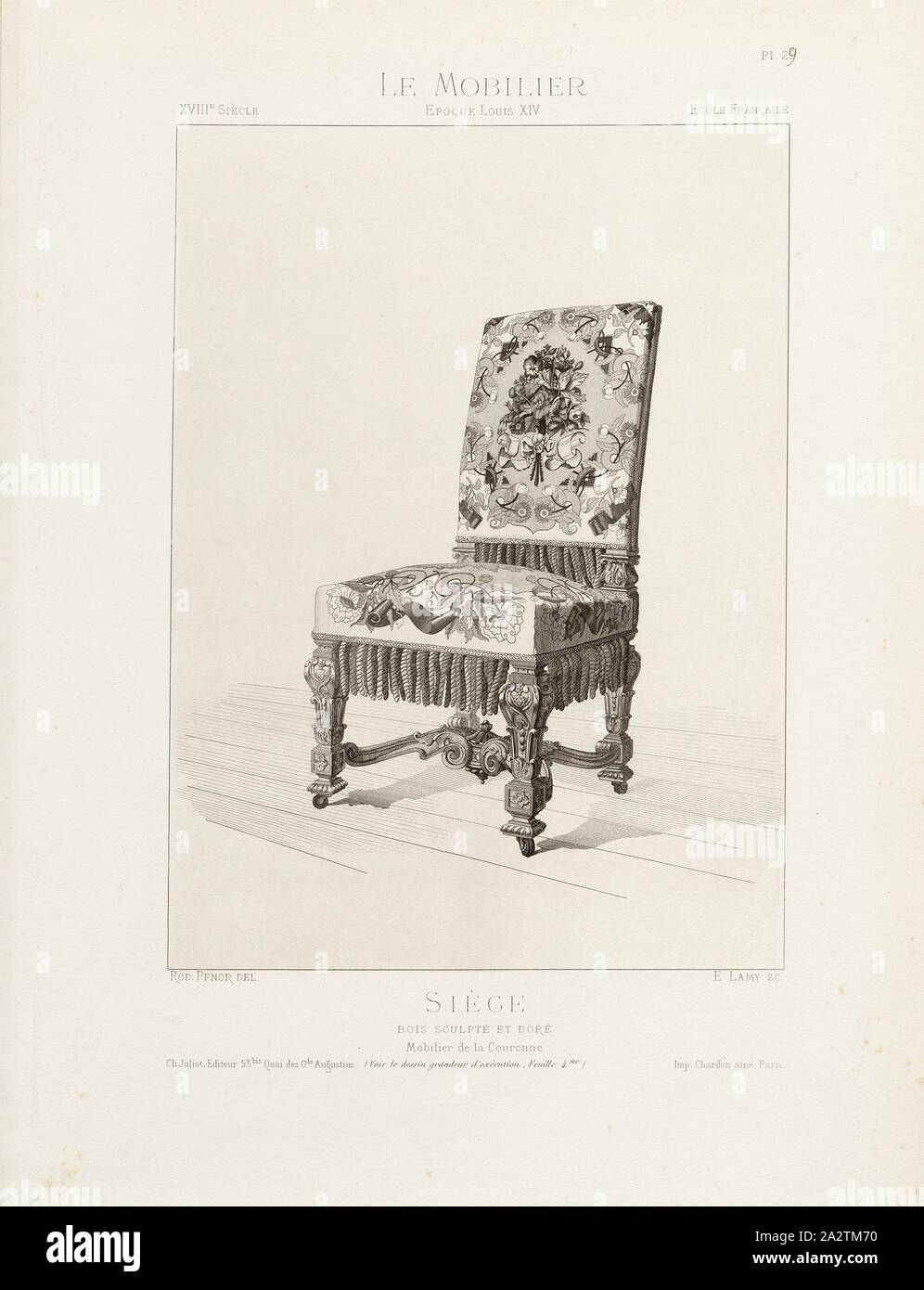 Carved and gilded wooden seat. Crown Furnishings, 18th century armchair (Louis XIV style), Signed: Rod., Pfnor del, E. Lamy, Ch. Juliot, Editeur; Imp. Chardon ainé, Pl. 29, p. 8, Pfnor, Rodolphe (del.); Lamy, E. (sc.); Juliot, Ch. (ed.); Chardon ainé (imp.), Rodolphe Pfnor: Le mobilier de la couronne et des grandes collections publiques et particulières du XIIIe siècle au XIXe siècle: mobilier civil. Mobilier religieux. Meubles, tentures, tapisseries, bronzes et objets d'art de toutes les époques accompagnés de dessins, grandeur d'exécution. Paris: Ch. Juliot, Editeur: Librairie Générale de L' Stock Photo