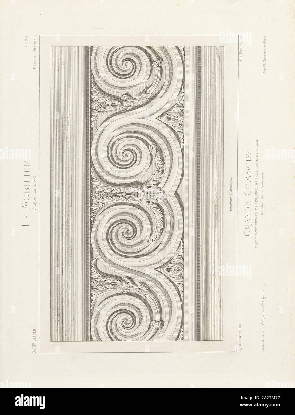 Large frieze dresser with lock entry, gilded and chiseled bronze. Crown Furnishings, 18th century chest of drawers (Louis XVI style), Signed: Rod., Pfnor del, Ch. Brück sc, Ch. Juliot Editeur; Ch. Ch. Chardon, Pl. 36, p. 8, Pfnor, Rodolphe (del.); Brück, Ch. (sc.); Juliot, Ch. (ed.I; Chardon, Ch. (imp.), Rodolphe Pfnor: Le mobilier de la couronne et des grandes collections publiques et particulières du XIIIe siècle au XIXe siècle: mobilier civil. Mobilier religieux. Meubles, tentures, tapisseries, bronzes et objets d'art de toutes les époques accompagnés de dessins, grandeur d'exécution. Paris Stock Photo