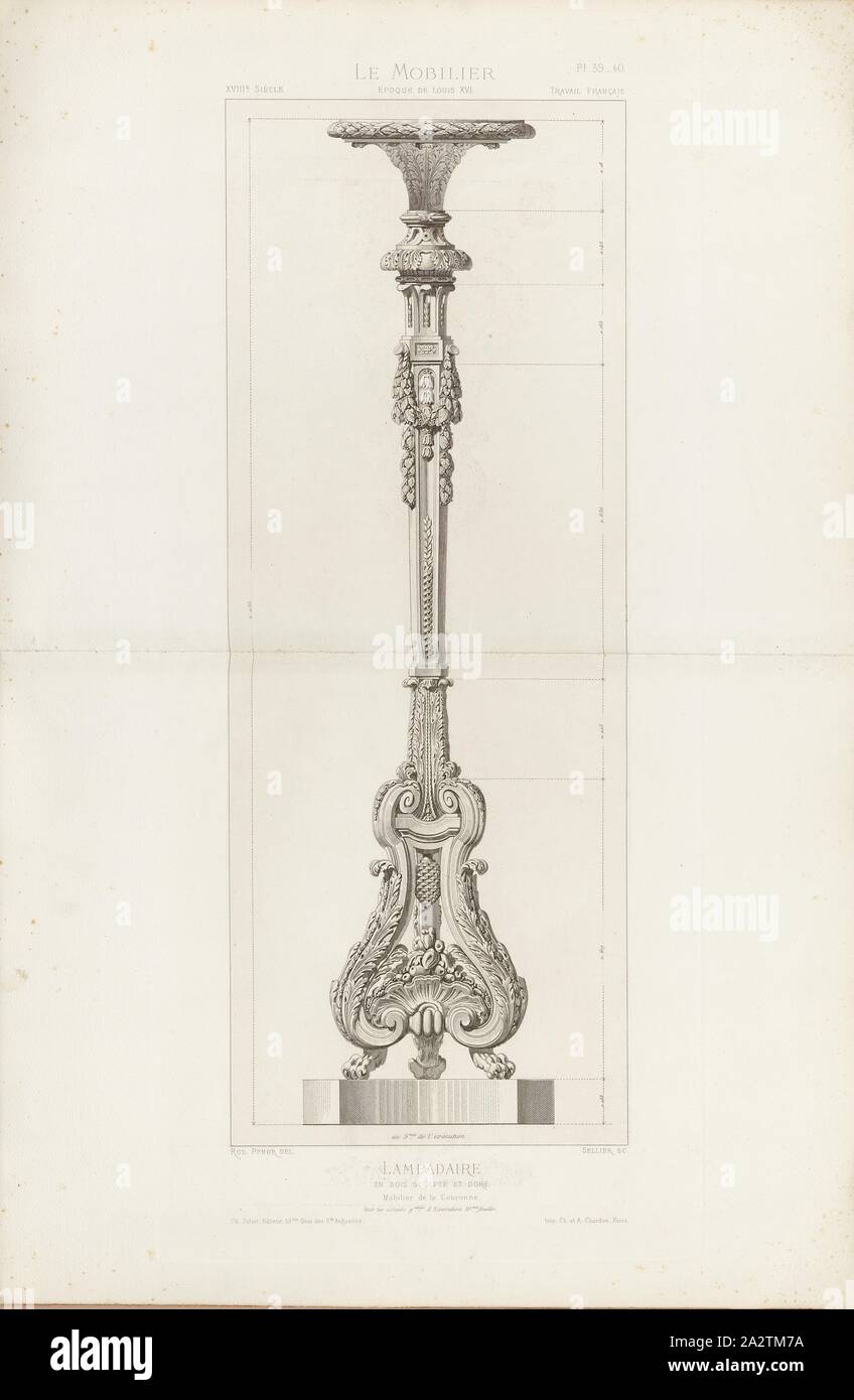 Floor lamp carved and gilded. Crown Furnishings, Floor lamp from the 18th century (Louis XVI style), Signed: Rod., Pfnor del, Sellier sc, Ch. Juliot, Editeur; Ch. Et al. Chardon, Pl. 39-40, p. 8, Pfnor, Rodolphe (del.); Sellier (sc.); Juliot, Ch. (ed.); Chardon, Ch. et A. (imp.), Rodolphe Pfnor: Le mobilier de la couronne et des grandes collections publiques et particulières du XIIIe siècle au XIXe siècle: mobilier civil. Mobilier religieux. Meubles, tentures, tapisseries, bronzes et objets d'art de toutes les époques accompagnés de dessins, grandeur d'exécution. Paris: Ch. Juliot, Editeur Stock Photo