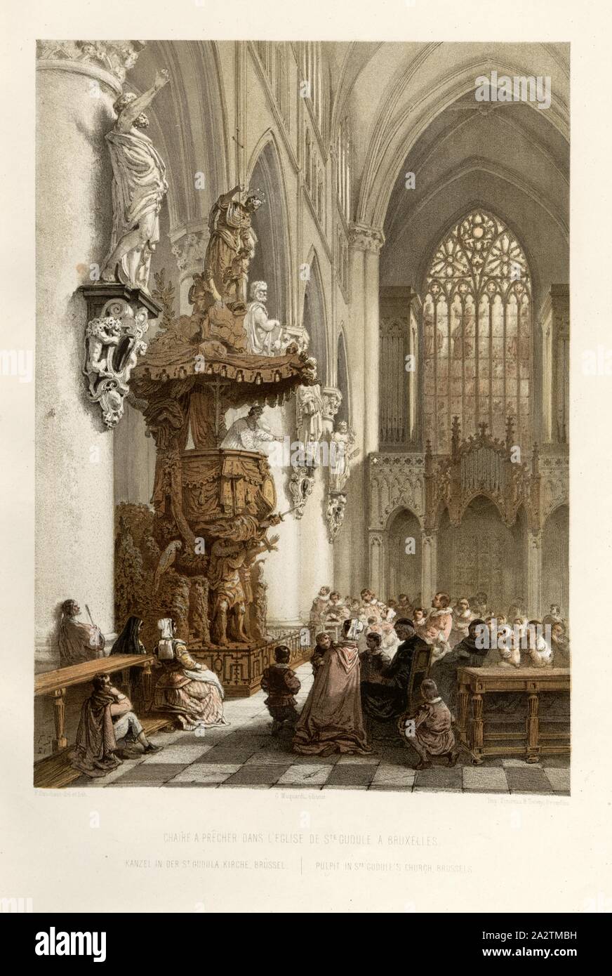 Chair to preach in the S. Gudule Church in Brussels, Pulpit in the Cathedral of St. Michael and St. Gudula in Brussels, Signed: F. Stroobant del. Et lith, Muquart éditeur; Imp. Simonau & Toovey, Fig. 4, Stroobant, F. (del. et lith.); Simonau et Toovey (imp.); Muquart (éd.), François Stroobant, F. Stappaerts: Le Brabant et les Flandres: monuments d'architecture et de sculpture. Paris: Delaroche, Pilon et Comp., [1857 Stock Photo