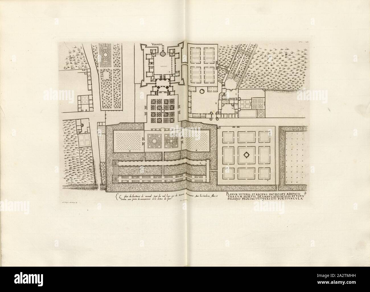 The plan of the bastion of veneul so much of the old house as the New Incommence With The Yardrins Allees ..., Floor plan of the Château de Verneuil-en-Halatte in France, Signed: FD; Imp. Lemercier; A. Levy, Fig. 50, T. 1. 48, Cerceau, Jacques Androuet du (del.); Faure-Dujarric, Pierre-Lucien (sc.); Imprimerie Lemercier (imp.); Levy, A. (ed.), 1868, Jacques Androuet du Cerceau; Hippolyte A. Destailleur: Les plus excellents bastiments de France. Paris: A. Lévy, Libraire-Editeur, M DCCC LXVIII - M DCCC LXX. [1868-1870 Stock Photo