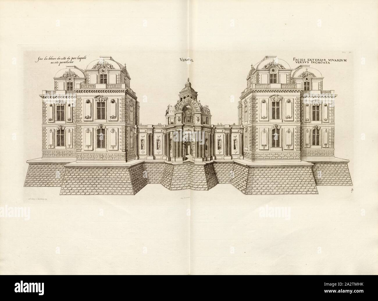 Verneul. Facing outside of the side of the park which has not been completed, Château de Verneuil-en-Halatte in France, Signed: FD; Imp. Lemercier; A. Levy, Fig. 52, T. 1. 50., Cerceau, Jacques Androuet du (del.); Faure-Dujarric, Pierre-Lucien (sc.); Imprimerie Lemercier (imp.); Levy, A. (ed.), 1868, Jacques Androuet du Cerceau; Hippolyte A. Destailleur: Les plus excellents bastiments de France. Paris: A. Lévy, Libraire-Editeur, M DCCC LXVIII - M DCCC LXX. [1868-1870 Stock Photo
