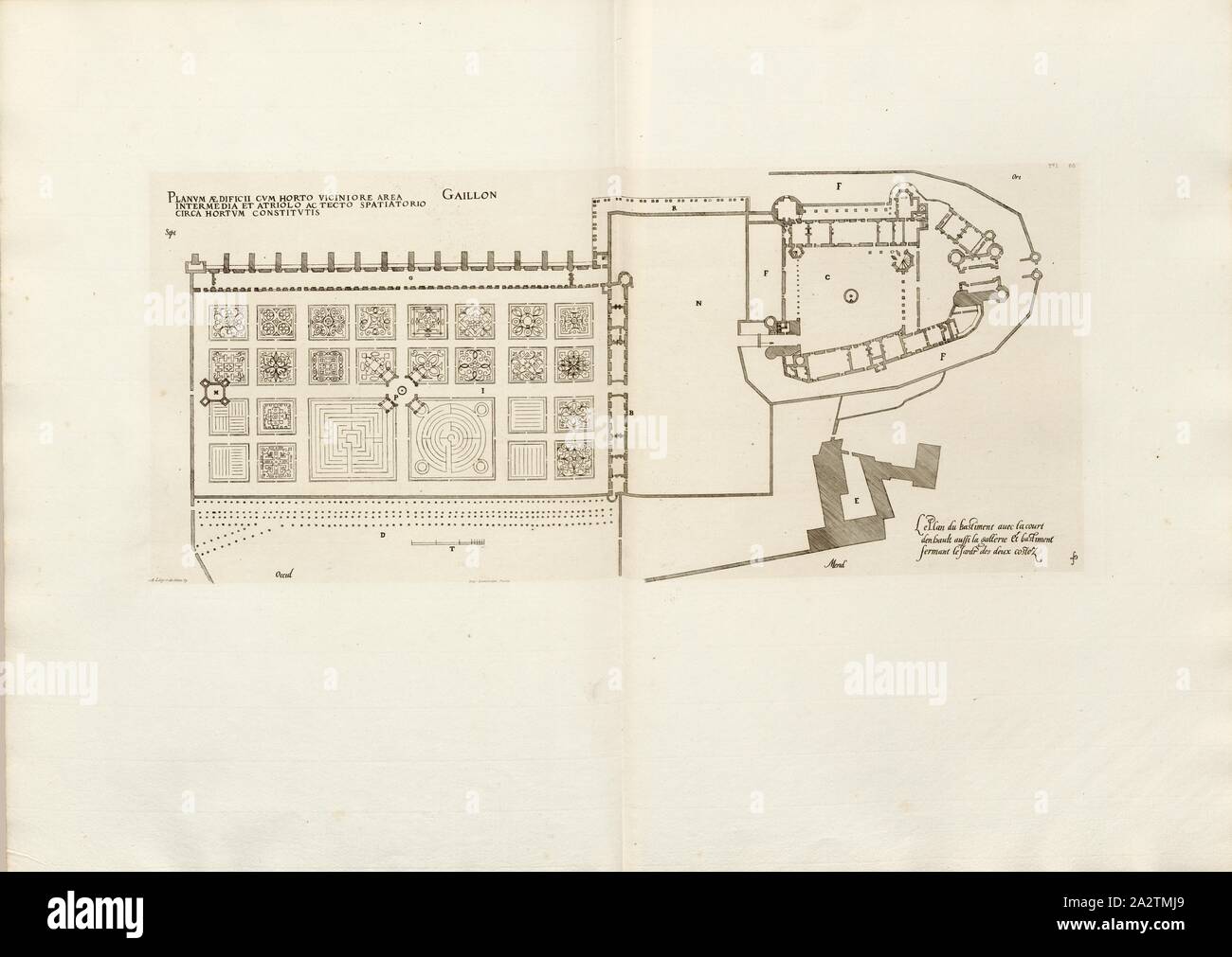 Gaillon. The Plan of the Bastiment with the court of hault also the gallery and bastion closing the Jardrin of both sides, Château de Gaillon in France, Signed: FD; Imp. Lemercier; A. Levy, Fig. 62, T. 1. 60., Cerceau, Jacques Androuet du (del.); Faure-Dujarric, Pierre-Lucien (sc.); Imprimerie Lemercier (imp.); Levy, A. (ed.), 1868, Jacques Androuet du Cerceau; Hippolyte A. Destailleur: Les plus excellents bastiments de France. Paris: A. Lévy, Libraire-Editeur, M DCCC LXVIII - M DCCC LXX. [1868-1870 Stock Photo