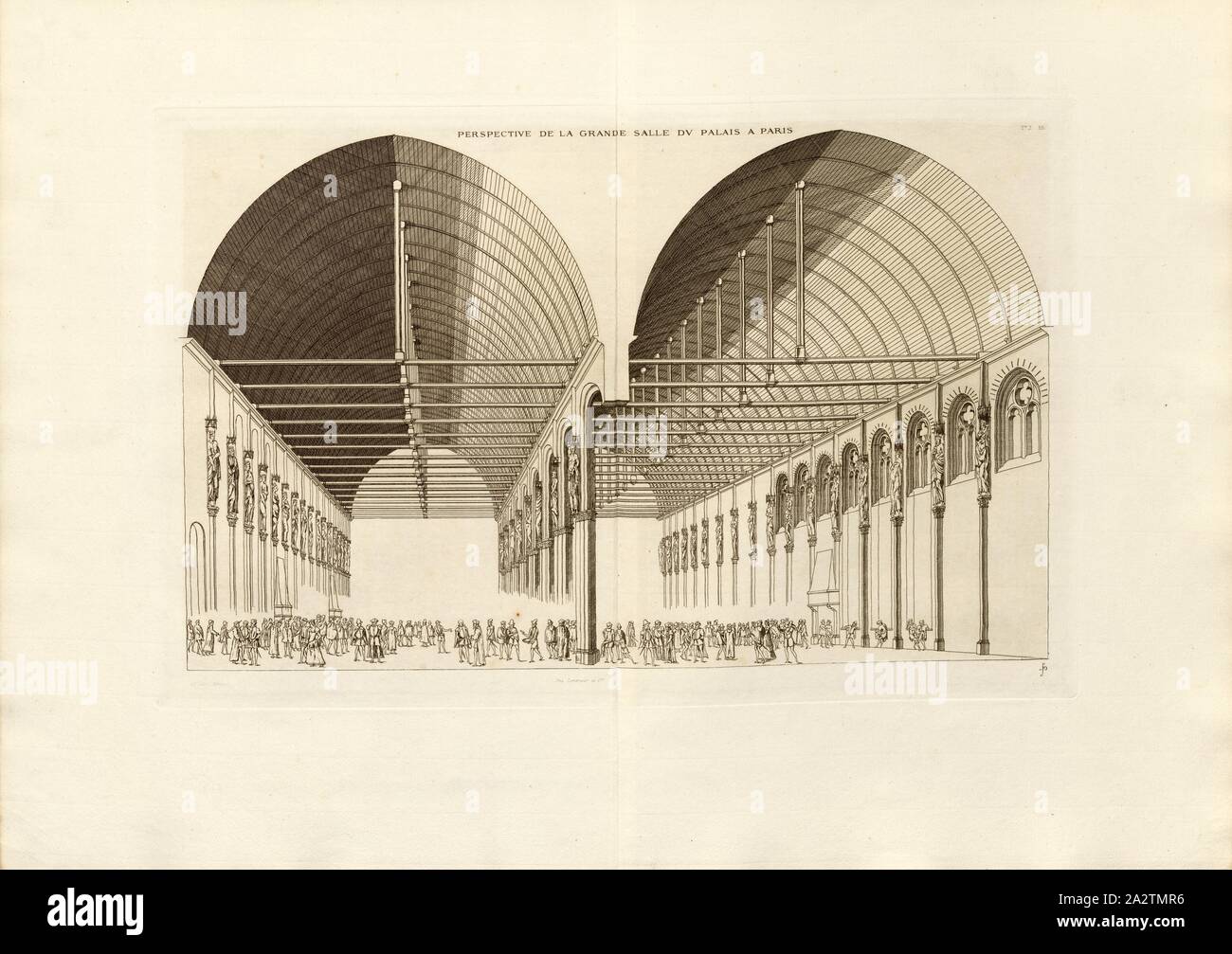 Perspective of the Great Palace Hall in Paris, Grand Salle at the Palais de la Cite in Paris, Signed: FD; Imp. Lemercier et Cie, A. Lévy (ed.), Fig. 66, T. 2. 65, Cerceau, Jacques Androuet du (del.); Faure-Dujarric, Pierre-Lucien (sc.); Lemercier (imp.); Levy, A. (ed.), 1868, Jacques Androuet du Cerceau; Hippolyte A. Destailleur: Les plus excellents bastiments de France. Paris: A. Lévy, Libraire-Editeur, M DCCC LXVIII - M DCCC LXX. [1868-1870 Stock Photo