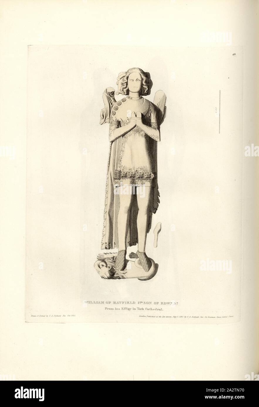 William of Hatfield 2. Son of Edw. 3. From Ins Effigy in York Cathedral, Tomb of William of Hatfield in the York Minster of York in Yorkshire, signed: Drawn & Etched by C.A. Stothard Jun, Published by C.A. Stothard Jun, Fig. 78, 69, after p. 56, Stothard, Charles Alfred Jun. (drawn, etched and publ.), Charles Alfred Stothard, Alfred John Kempe: The monumental effigies of Great Britain: selected from our cathedrals and churches, for the purpose of bringing together, and preserving correct representations of the best historical illustrations extant, from the Norman conquest to the reign of Henry Stock Photo