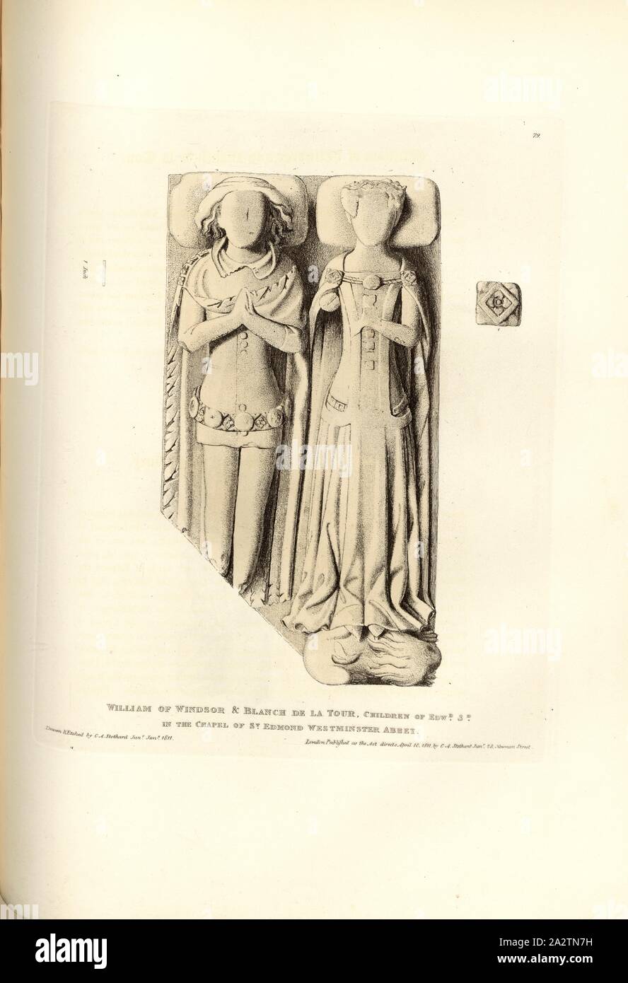 William of Windsor, Tomb of Blanche de la Tour and William of Windsor at Westminster Abbey, signed: Drawn & Etched by C.A. Stothard Jun, Published by C.A. Stothard Jun, Fig. 88, 79, after p. 60, Stothard, Charles Alfred Jun. (drawn, etched and publ.), Charles Alfred Stothard, Alfred John Kempe: The monumental effigies of Great Britain: selected from our cathedrals and churches, for the purpose of bringing together, and preserving correct representations of the best historical illustrations extant, from the Norman conquest to the reign of Henry the Eighth: dedicated by permission to the Prince Stock Photo
