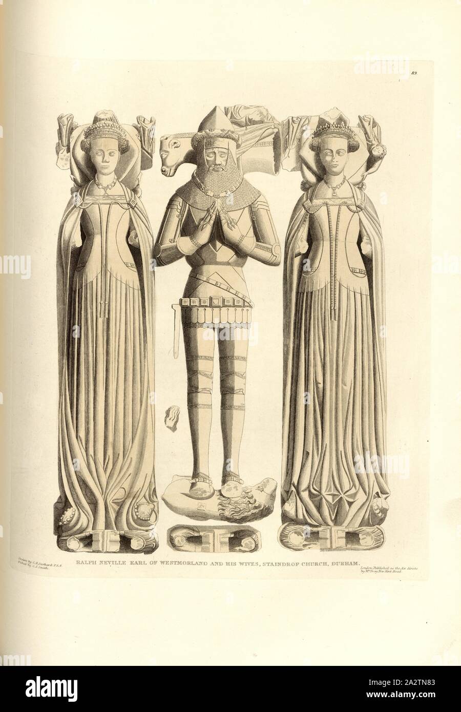 Ralph Neville Earl of Westmorland and his wives, Staindrop Church, Durham, Tomb of Ralph Neville, 1st Earl of Westmorland at St Mary's Church in Staindrop, signed: Drawn by C.A. Stothard, etched by C.J. Smith; Published by Mrs. Bray, Fig. 100, 89, after p. 68, Stothard, Charles Alfred (drawn); Smith, C. J. (etched); Bray, E. (publ.), Charles Alfred Stothard, Alfred John Kempe: The monumental effigies of Great Britain: selected from our cathedrals and churches, for the purpose of bringing together, and preserving correct representations of the best historical illustrations extant, from the Stock Photo
