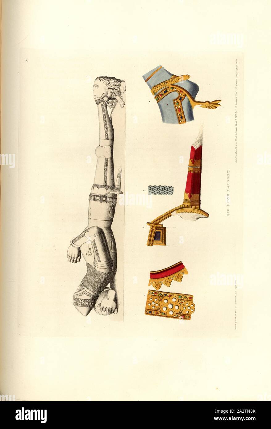Sir Hugh Calveley, Tomb of Sir Hugh Calveley at St Boniface's Church at Bunbury, Cheshire, signed: Drawn & Etched by C.A. Stothard Jun, Published by C.A. Stothard, Fig. 111, 99, after p. 76, Stothard, Charles Alfred Jun. (drawn, etched and publ.), Charles Alfred Stothard, Alfred John Kempe: The monumental effigies of Great Britain: selected from our cathedrals and churches, for the purpose of bringing together, and preserving correct representations of the best historical illustrations extant, from the Norman conquest to the reign of Henry the Eighth: dedicated by permission to the Prince Stock Photo