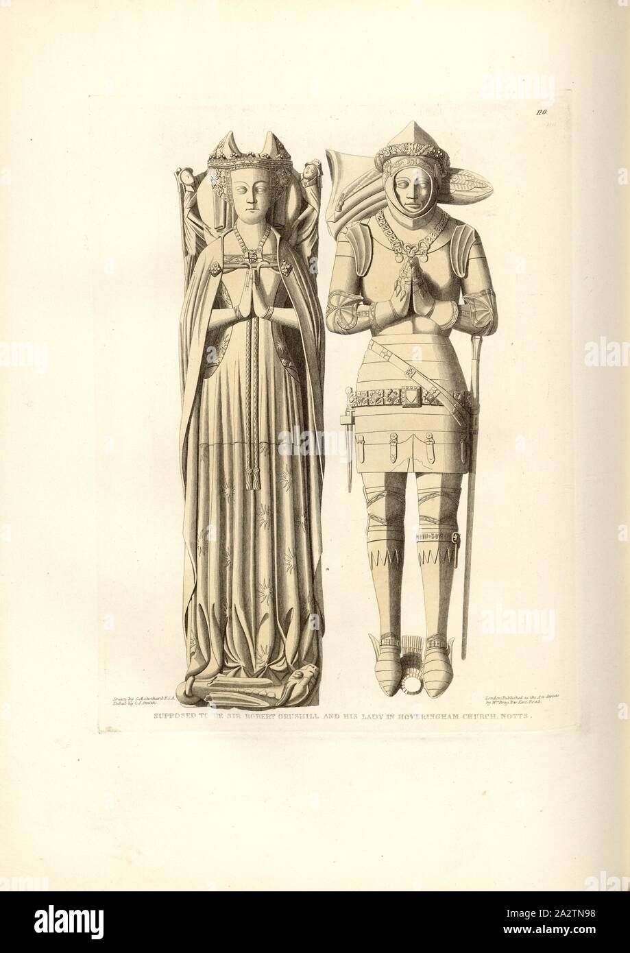 Supposed to be Sir Robert Grushill and his Lady in Hoveringham Church, Notts, Tomb in the St Michael Church in Hoveringham, signed: Drawn by C. A. Stothard; Etched by C.J. Smith; Published by Mrs. Bray, Fig. 122, 110, after p. 84, Stothard, Charles Alfred (drawn); Smith, C. J. (etched); Bray, E. (publ.), Charles Alfred Stothard, Alfred John Kempe: The monumental effigies of Great Britain: selected from our cathedrals and churches, for the purpose of bringing together, and preserving correct representations of the best historical illustrations extant, from the Norman conquest to the reign of Stock Photo