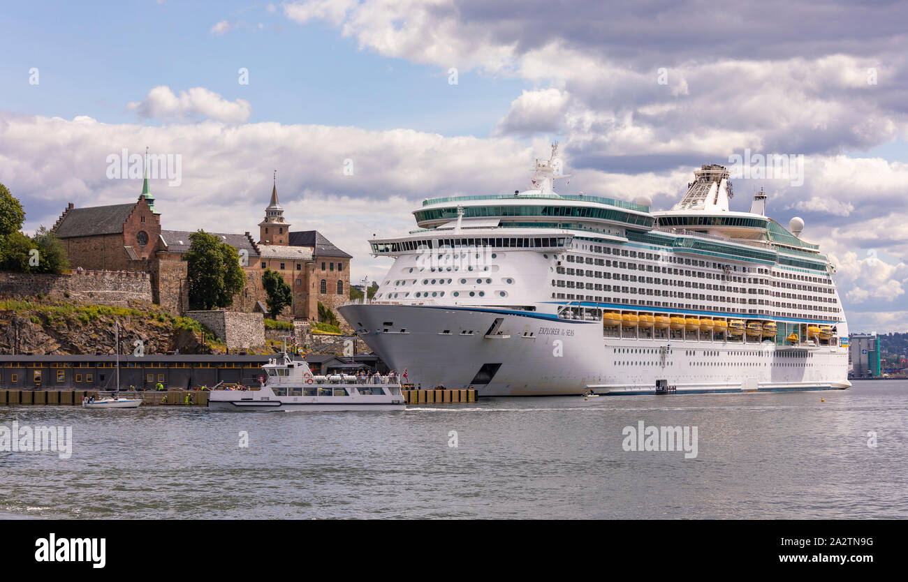 OSLO, NORWAY - Explorer of the Seas, a Royal Caribbean cruise ship, docked at Akershus Fortress, Oslo waterfront. Stock Photo
