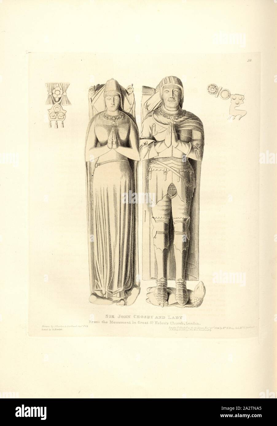 Sir John Crosby and Lady. From the Monument in Great St Helena Church London, Tomb of Sir John Crosby and his wife at St Helen's Church at Bishopsgate, signed: Drawn by Charles A. Stothard; Etched by B. Howlett; Published by Mrs. E. Bray, Fig. 143, 131, after p. 98, Stothard, Charles Alfred (drawn); Howlett, B. (etched); Bray, E. (publ.), Charles Alfred Stothard, Alfred John Kempe: The monumental effigies of Great Britain: selected from our cathedrals and churches, for the purpose of bringing together, and preserving correct representations of the best historical illustrations extant, from the Stock Photo