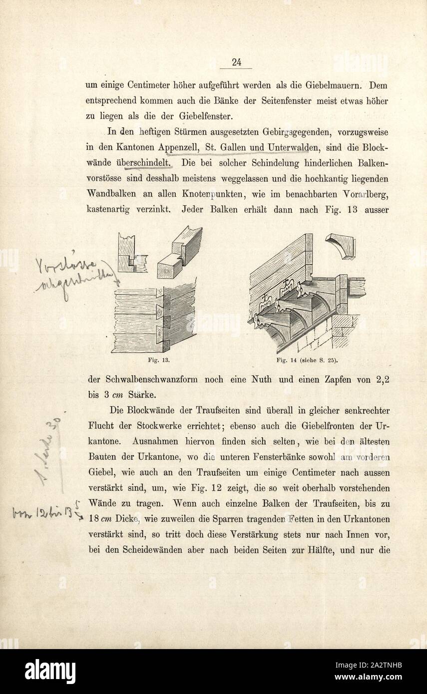 Fixing methods for wooden beams in house construction 3, Fig. 13: Fastening of wooden jaws by means of the dovetail form, Fig. 14: Basement bars protruding in front of the gable wall, p. 24, 1885, Ernst Gladbach: Die Holz-Architectur der Schweiz, 2. Aufl. Zürich & Leipzig: Orell Füssli, 1885 Stock Photo