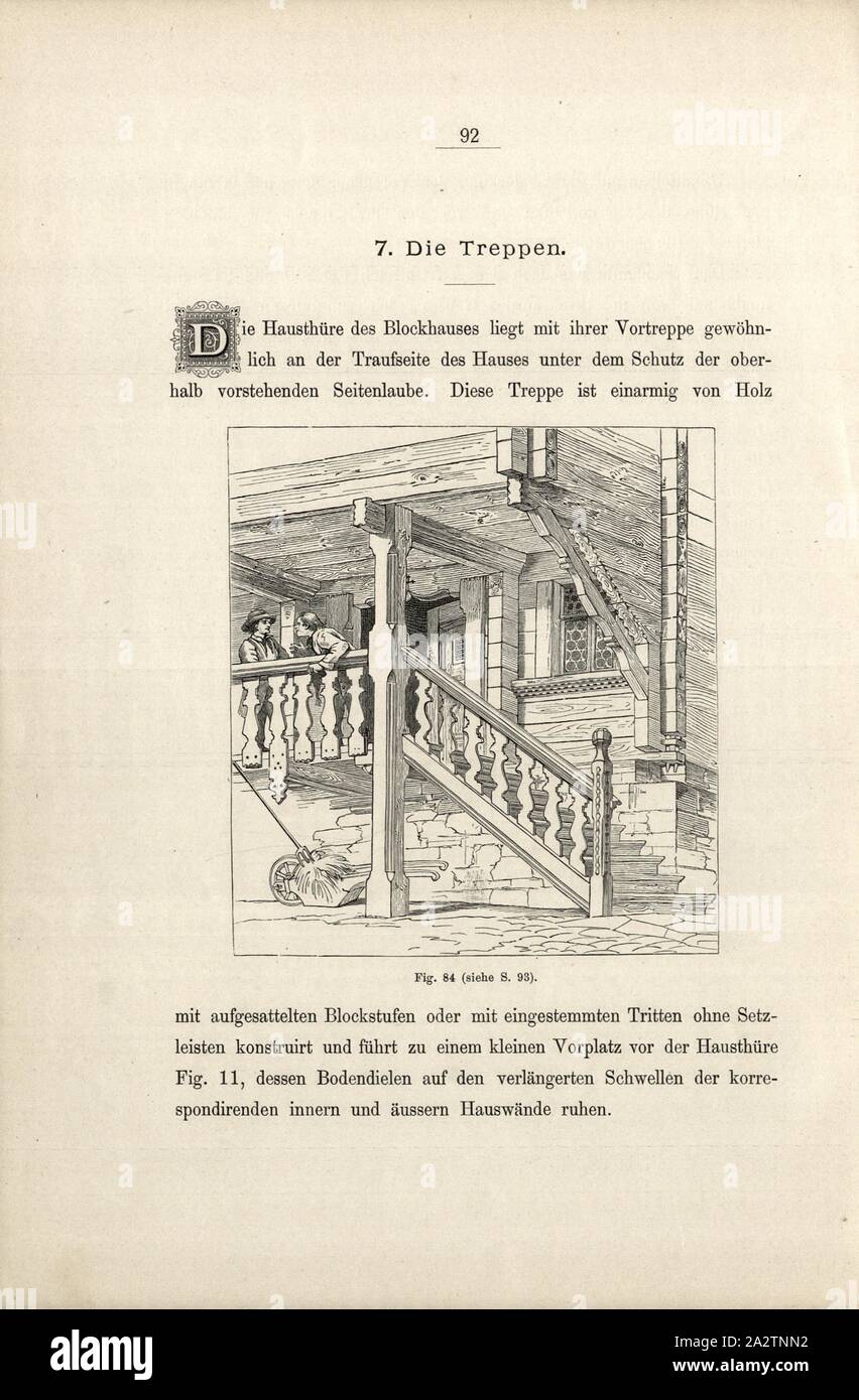 porch, Anterior staircase to the front door of a wooden house, Fig. 84, p. 92, 1885, Ernst Gladbach: Die Holz-Architectur der Schweiz, 2. Aufl. Zürich & Leipzig: Orell Füssli, 1885 Stock Photo