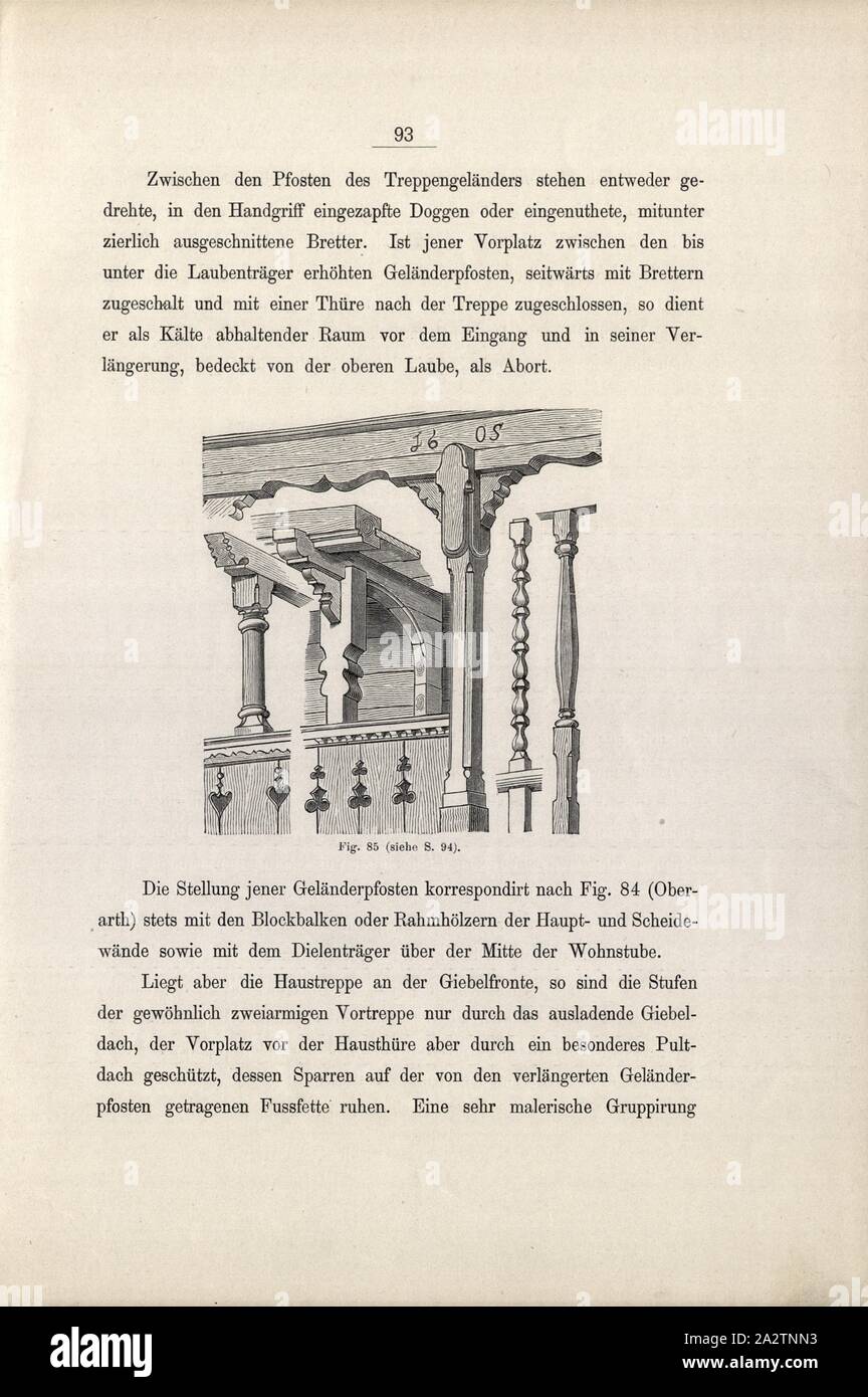 Treppengeländer (1), Stair railing of a porch to the entrance of a wooden house, Fig. 85, p. 93, 1885, Ernst Gladbach: Die Holz-Architectur der Schweiz, 2. Aufl. Zürich & Leipzig: Orell Füssli, 1885 Stock Photo