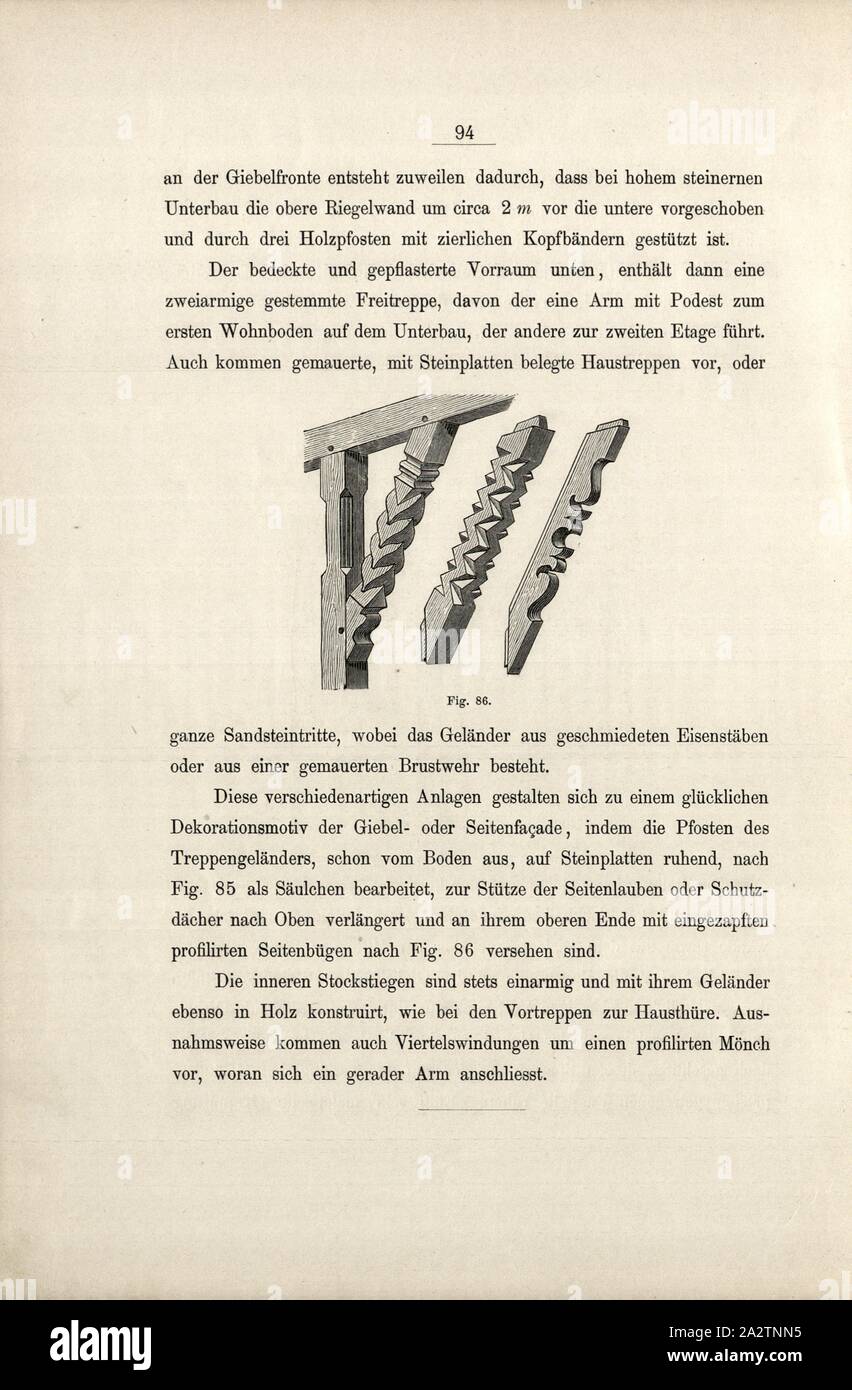 Treppengeländer (2), Stair railing of a porch leading to the entrance area of a wooden house, Fig. 86, p. 94, 1885, Ernst Gladbach: Die Holz-Architectur der Schweiz, 2. Aufl. Zürich & Leipzig: Orell Füssli, 1885 Stock Photo