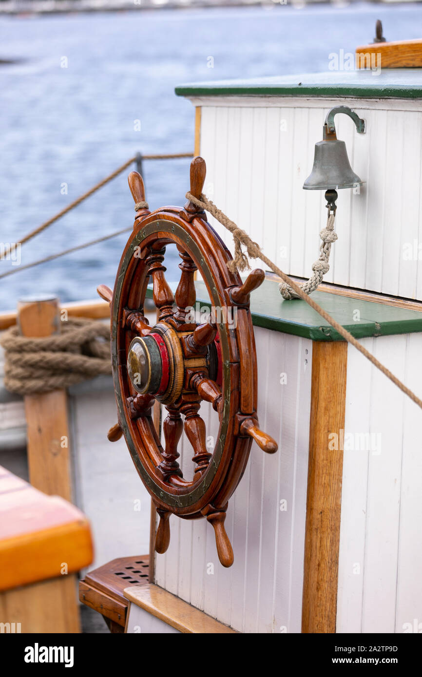 OSLO, NORWAY - Helm, sailboat, Norway Maritime Museum, Oslo waterfront. Stock Photo