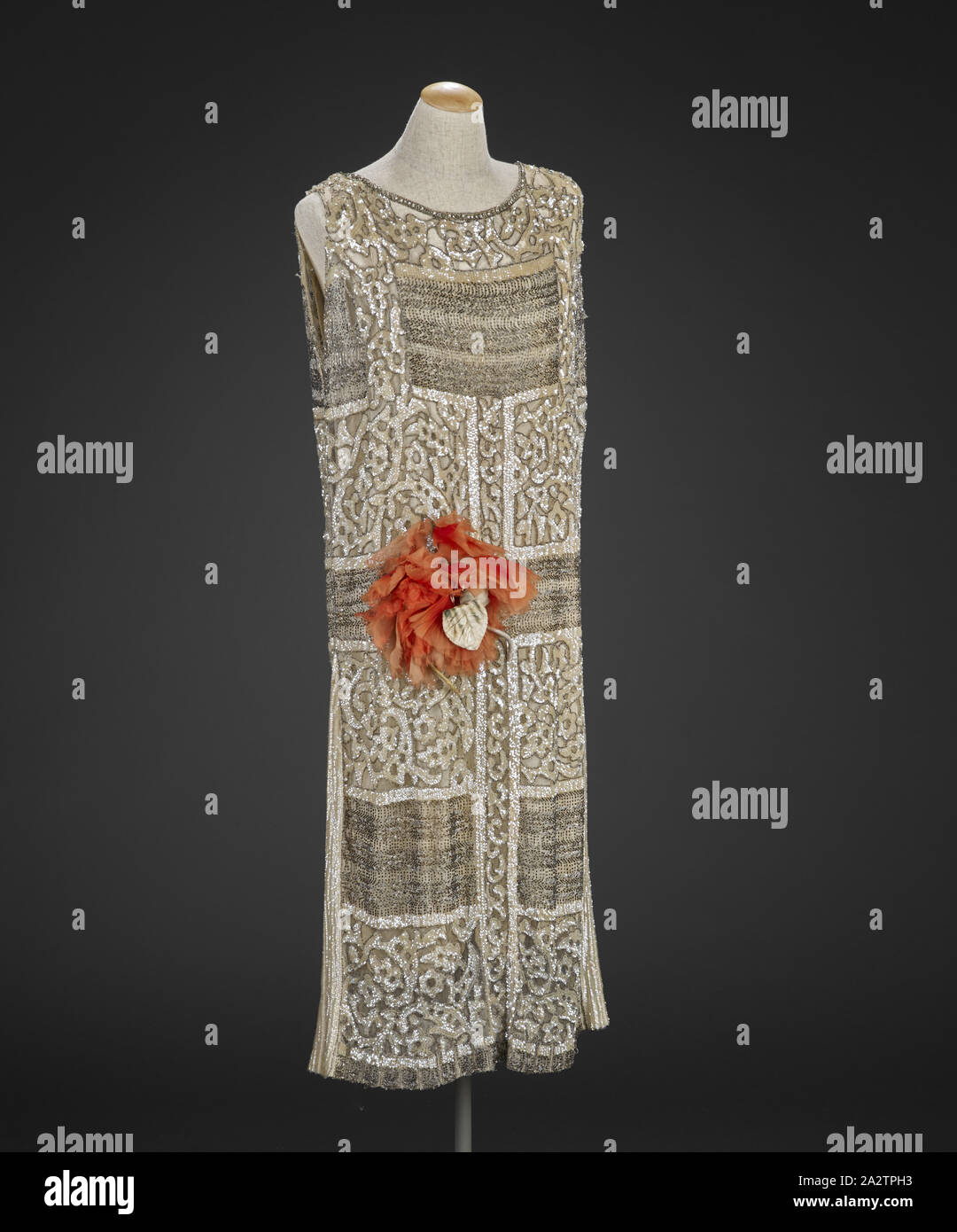 dress, Anna Griffin, Dressmaker (American, 1867-1951), 1920s, silk chiffon or netting, glass beads, sequins, center back 34 in., center front 41 in., bust 38 in., waist 38 in., shoulders 12 in., Textile and Fashion Arts Stock Photo