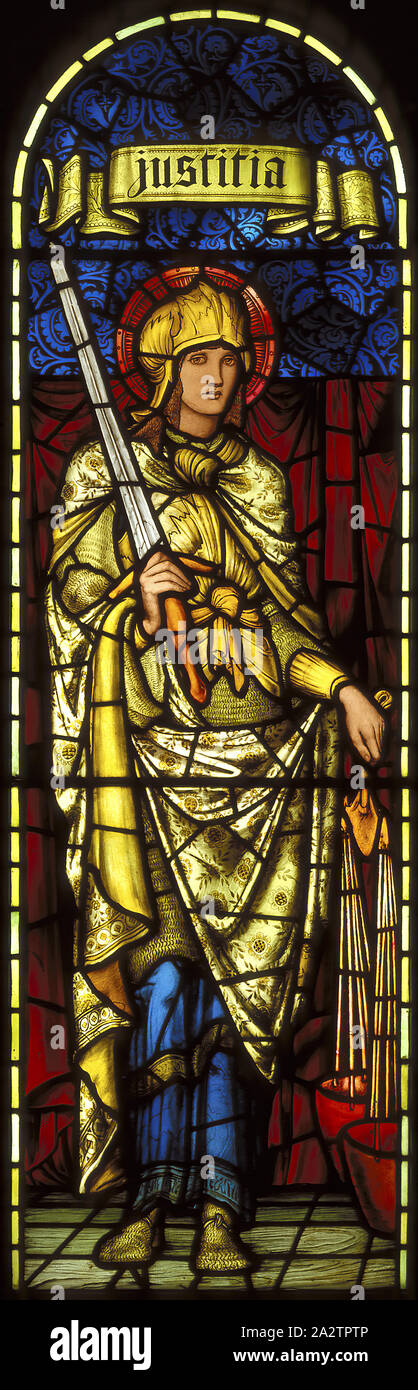 Justitia (Justice), Edward Burne-Jones, Designer (English, 1833-1898), Morris and Company, Manufacturer (English), 1894-1895, painted lead and stained glass, 71 x 22 in., Decorative Arts Stock Photo