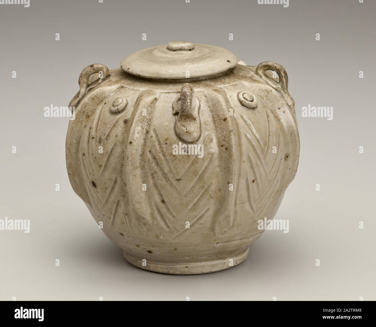 COVERED JAR WITH FISH DESIGN, 908-960, Stoneware (yue Type Ware), 4-1/4 H, Asian Art Stock Photo