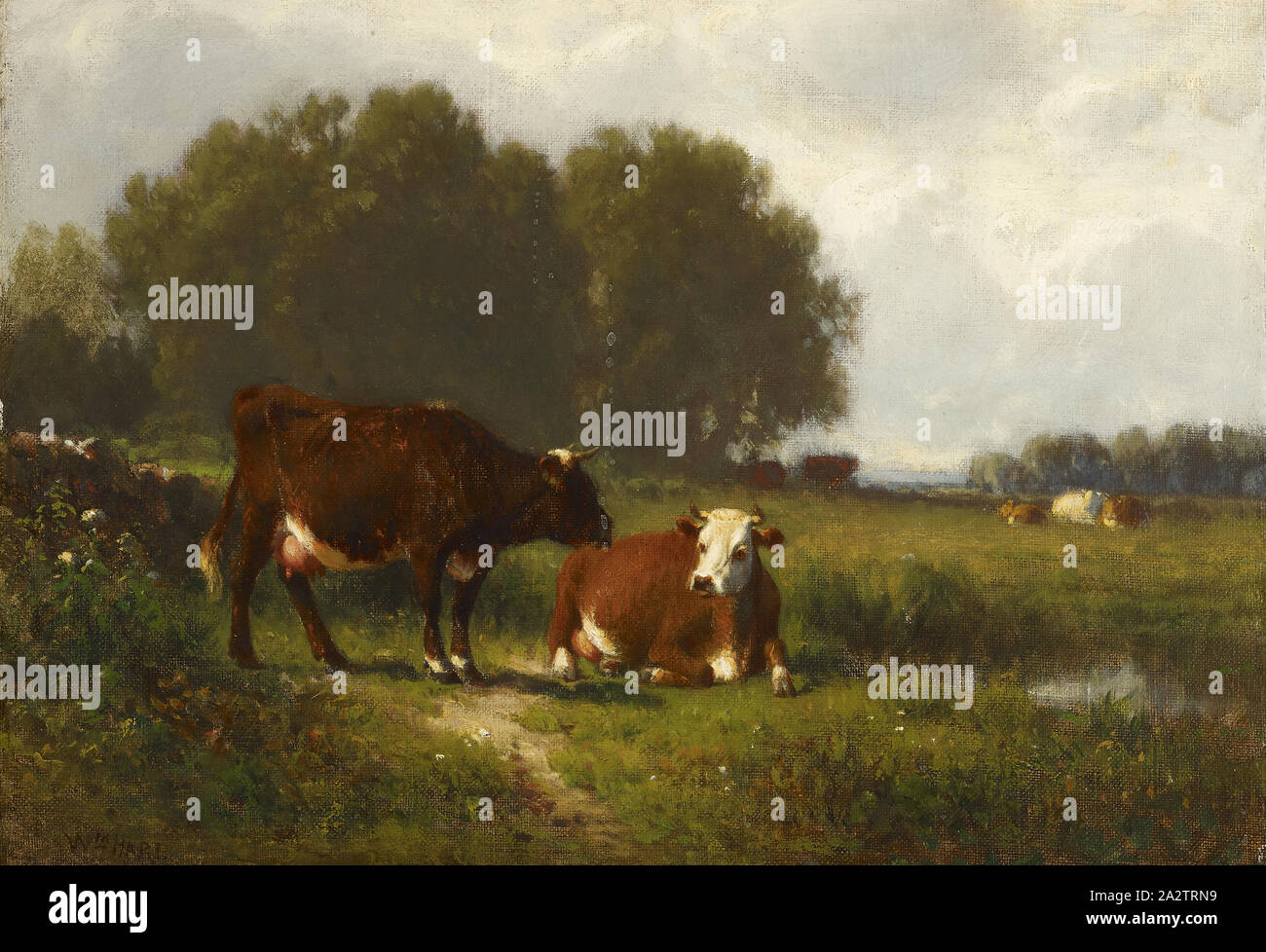 Landscape with Cows, William M Hart (American, 1823-1894), date unknown, oil on canvas, 10-1/8 x 14-1/8 in. (canvas) 15-1/2 x 20 x 2 in. (framed), Signed, l.l.: Wm. HART., American Painting and Sculpture to 1945 Stock Photo