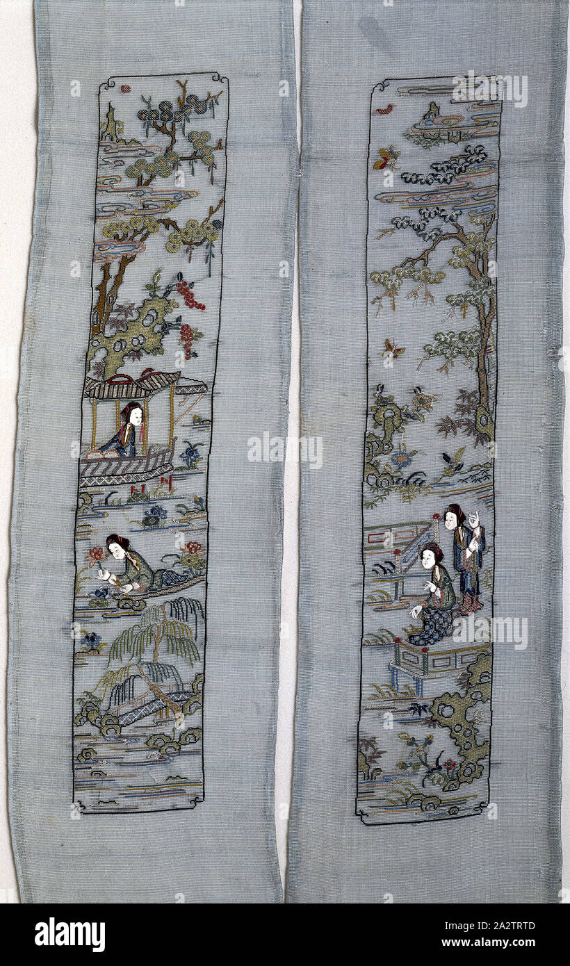 pair of sleeve facings, Qing dynasty, Qing dynasty, about 1850, silk, 44 x 7 in., Textile and Fashion Arts Stock Photo