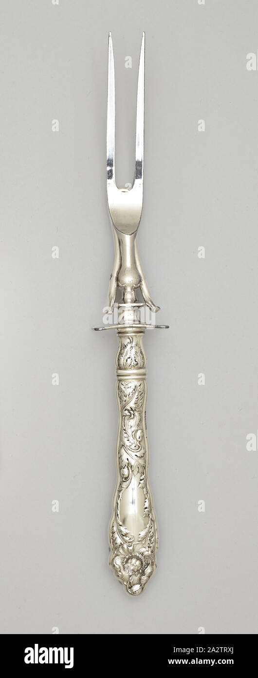 Love Disarmed pattern beef carving fork, Reed & Barton, Manufacturer (American), Charles A. Bennett, Designer (American, about 1869-1939), 1899, silver, 10-1/2 x 1-1/2 x 1-1/4 in., Marked, top edge of stem: STERLING Marked, bottom edge of stem: [eagle, R in a cartouche, lion rampant facing left], Decorative Arts Stock Photo