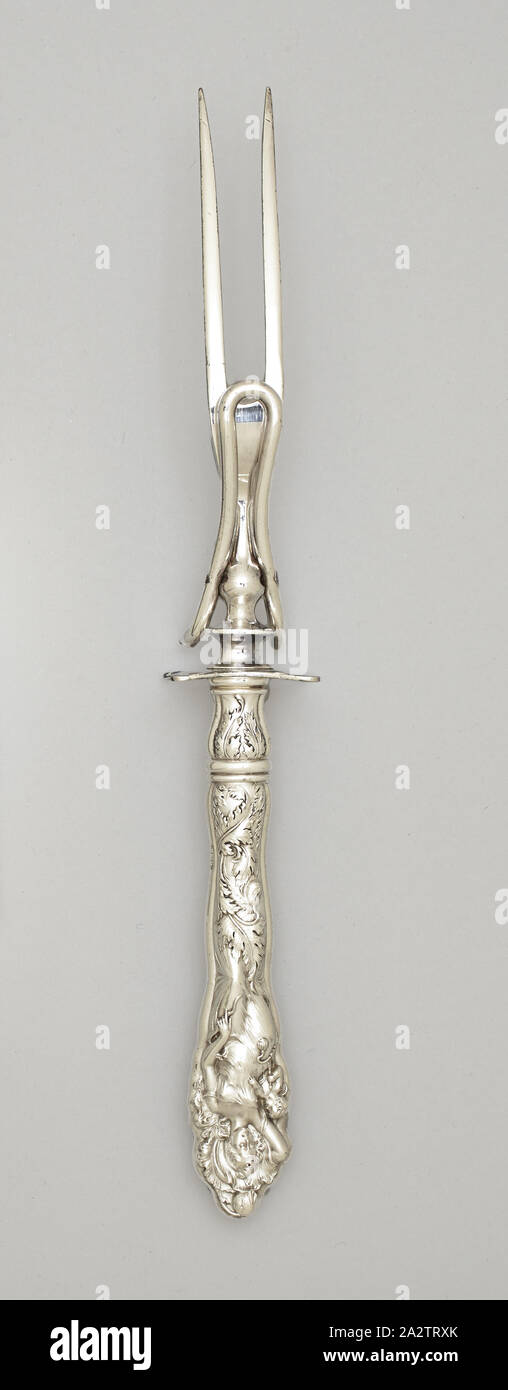 Love Disarmed pattern beef carving fork, Reed & Barton, Manufacturer (American), Charles A. Bennett, Designer (American, about 1869-1939), 1899, silver, 10-1/2 x 1-1/2 x 1-1/4 in., Marked, top edge of stem: STERLING Marked, bottom edge of stem: [eagle, R in a cartouche, lion rampant facing left], Decorative Arts Stock Photo