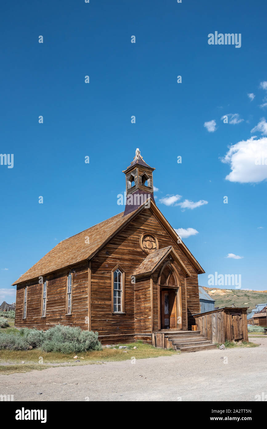 Exterior of Old Methodist Church at Bodie State Historic Park. Vertical, front and side view. Stock Photo