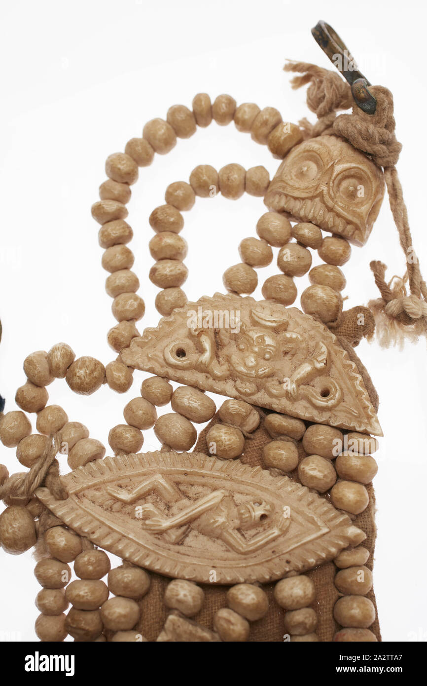 Buddhist ceremonial headpiece, 1800s, bones, cotton, metal discs, 6-1/2 ...