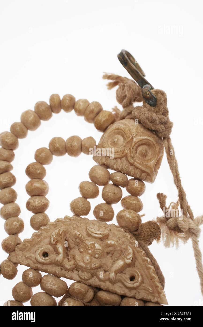 Buddhist ceremonial headpiece, 1800s, bones, cotton, metal discs, 6-1/2 ...