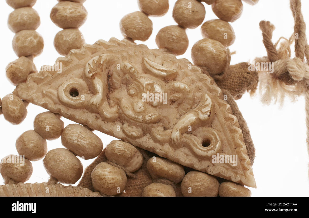 Buddhist ceremonial headpiece, 1800s, bones, cotton, metal discs, 6-1/2 ...